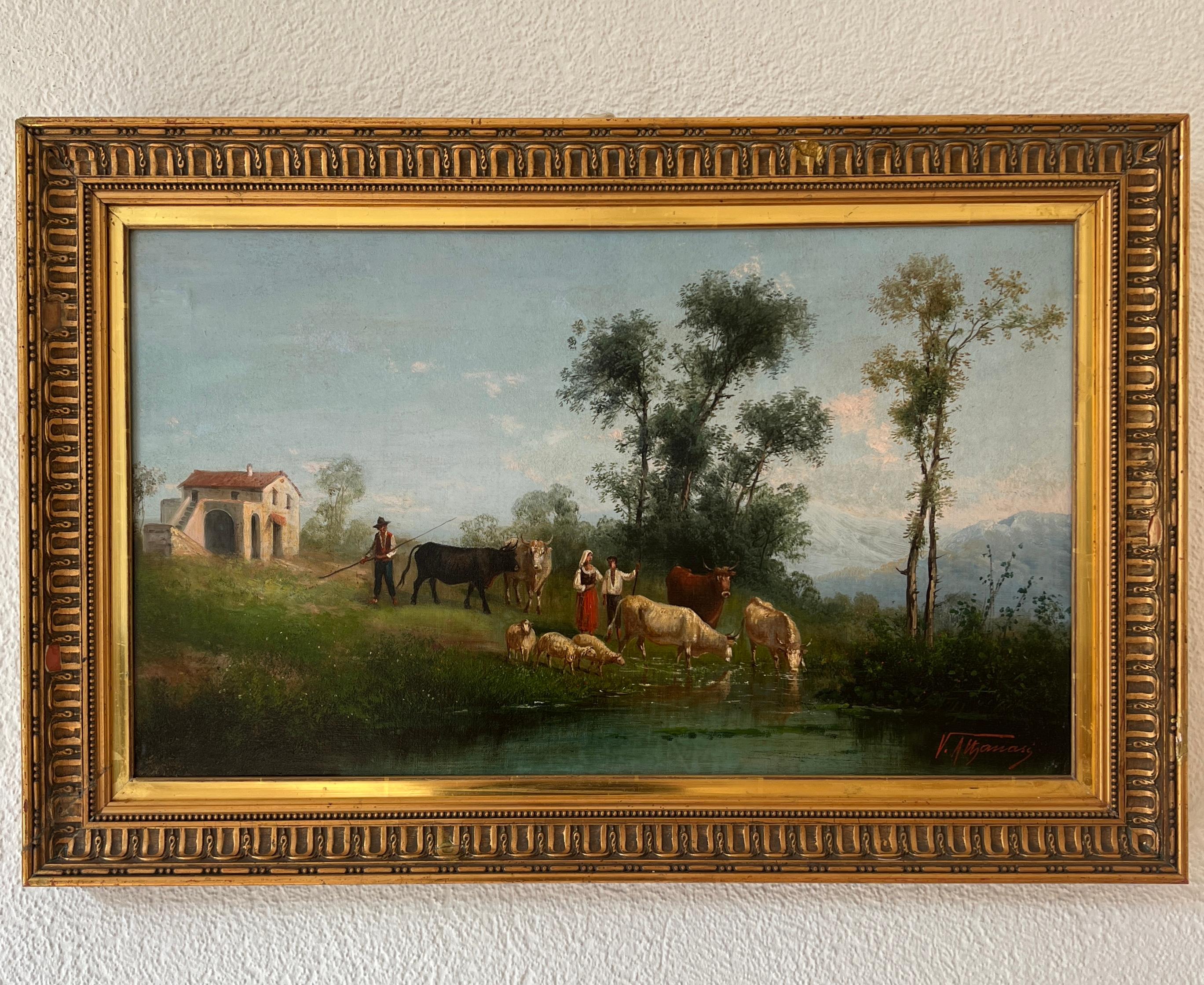 Landschaft und belebte pastorale Szene – Painting von V. Attanasi