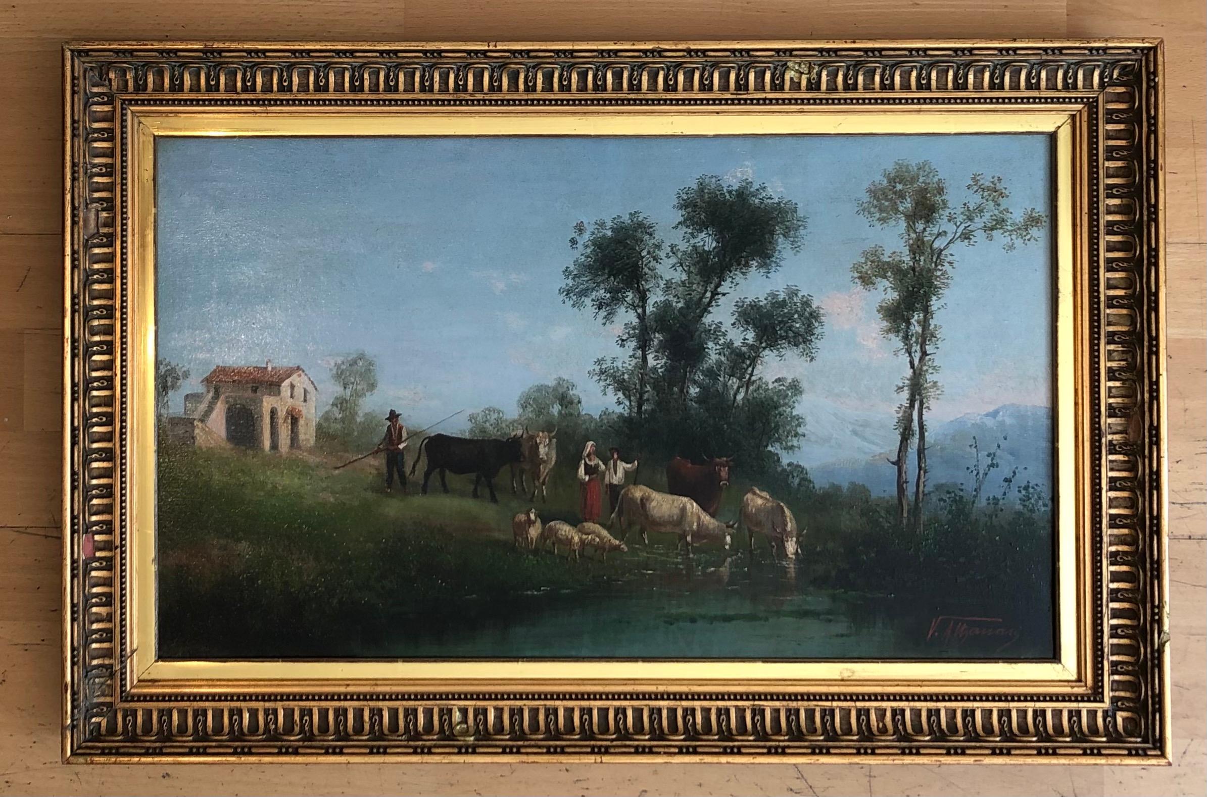 Peasants by the pond - Painting by V. Attanasi