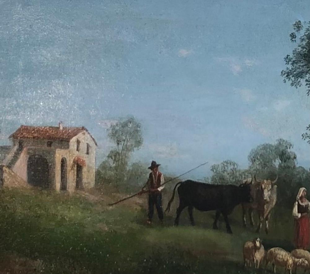 Peasants by the pond - Italian School Painting by V. Attanasi