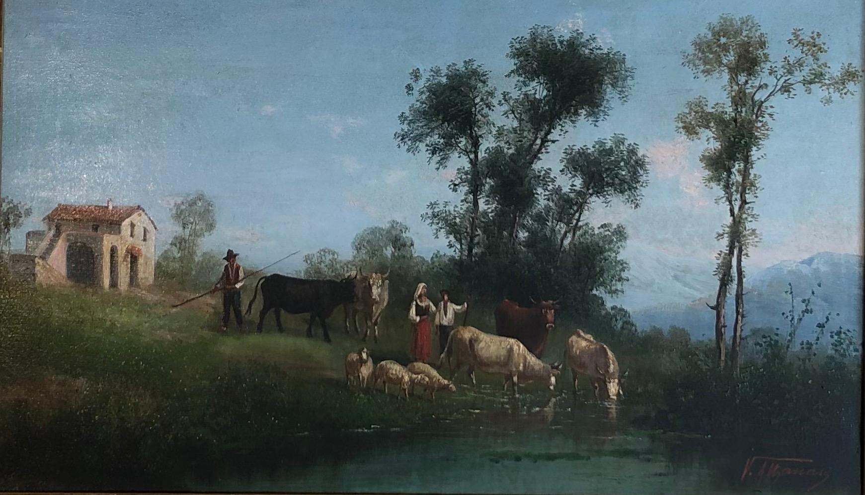 V. Attanasi Landscape Painting - Peasants by the pond