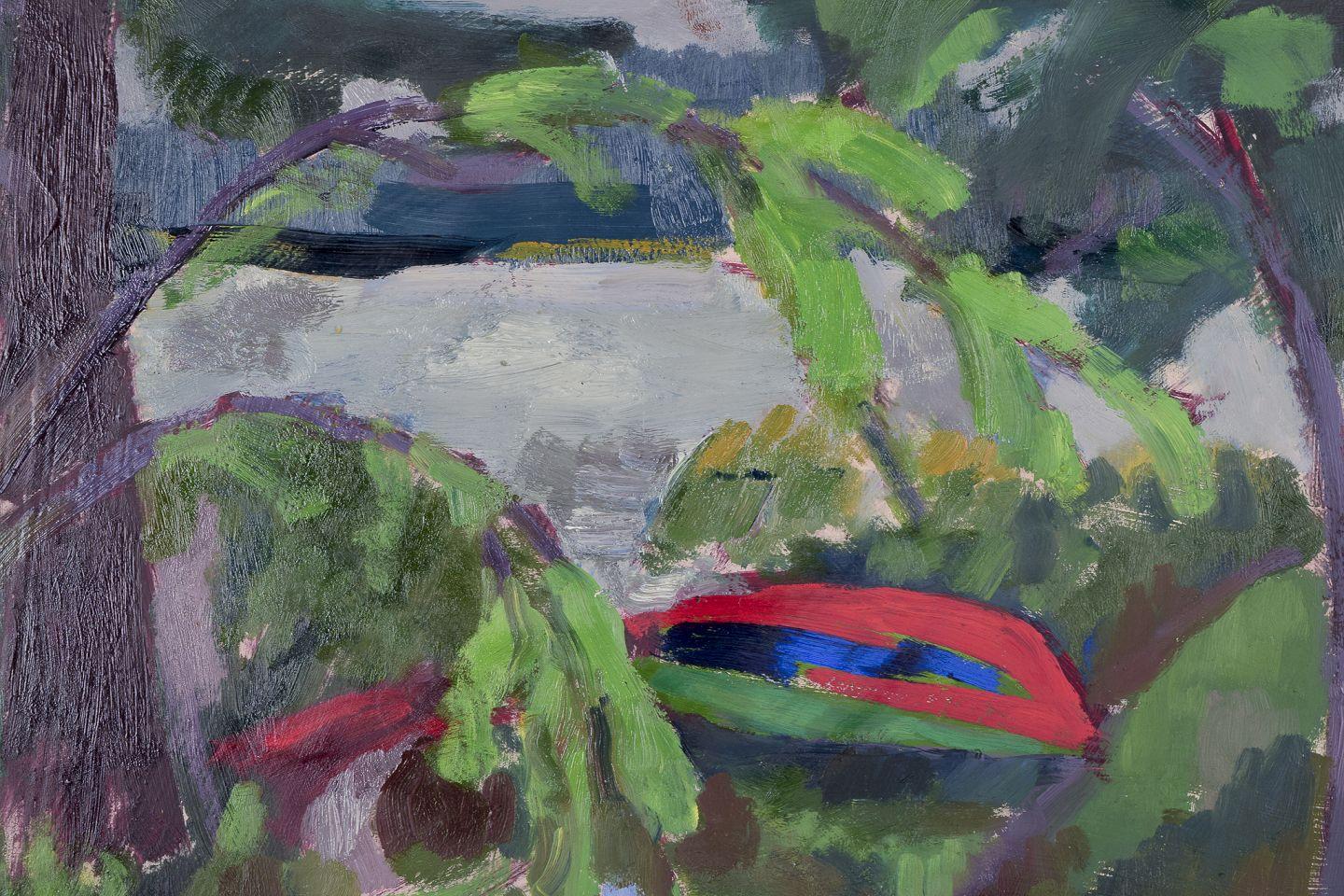 Moderno V. Axelsson, artista svedese. Olio su tela. Vista di una foresta e di un lago, 1946 in vendita