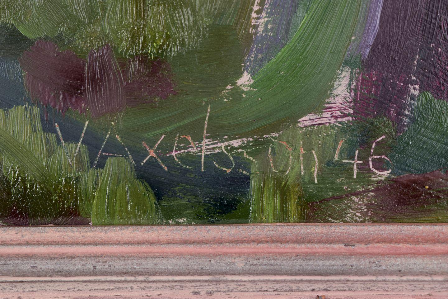 Metà XX secolo V. Axelsson, artista svedese. Olio su tela. Vista di una foresta e di un lago, 1946 in vendita