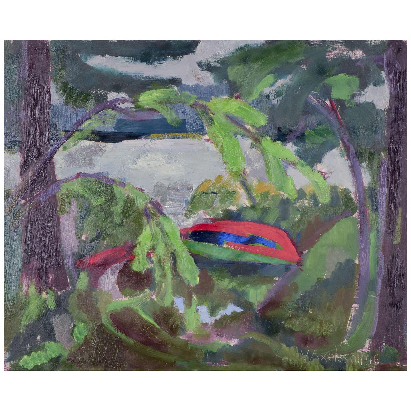 V. Axelsson, artista svedese. Olio su tela. Vista di una foresta e di un lago, 1946 in vendita