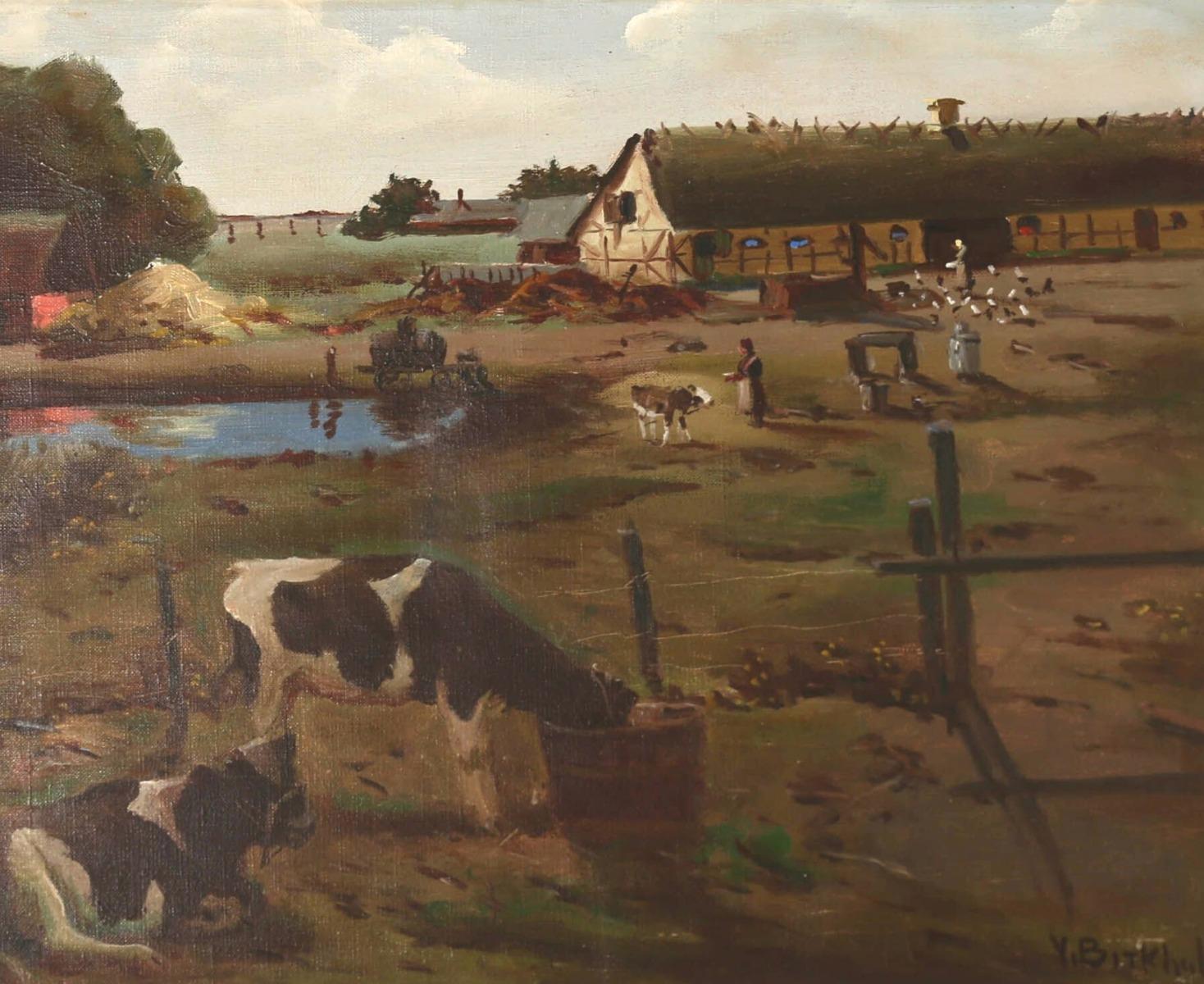 A charming early 20th Century oil, showing a rustic dairy farm with cows grazing and two women feeding chickens near the farm buildings. The artist has signed to the lower right corner. On canvas. 
