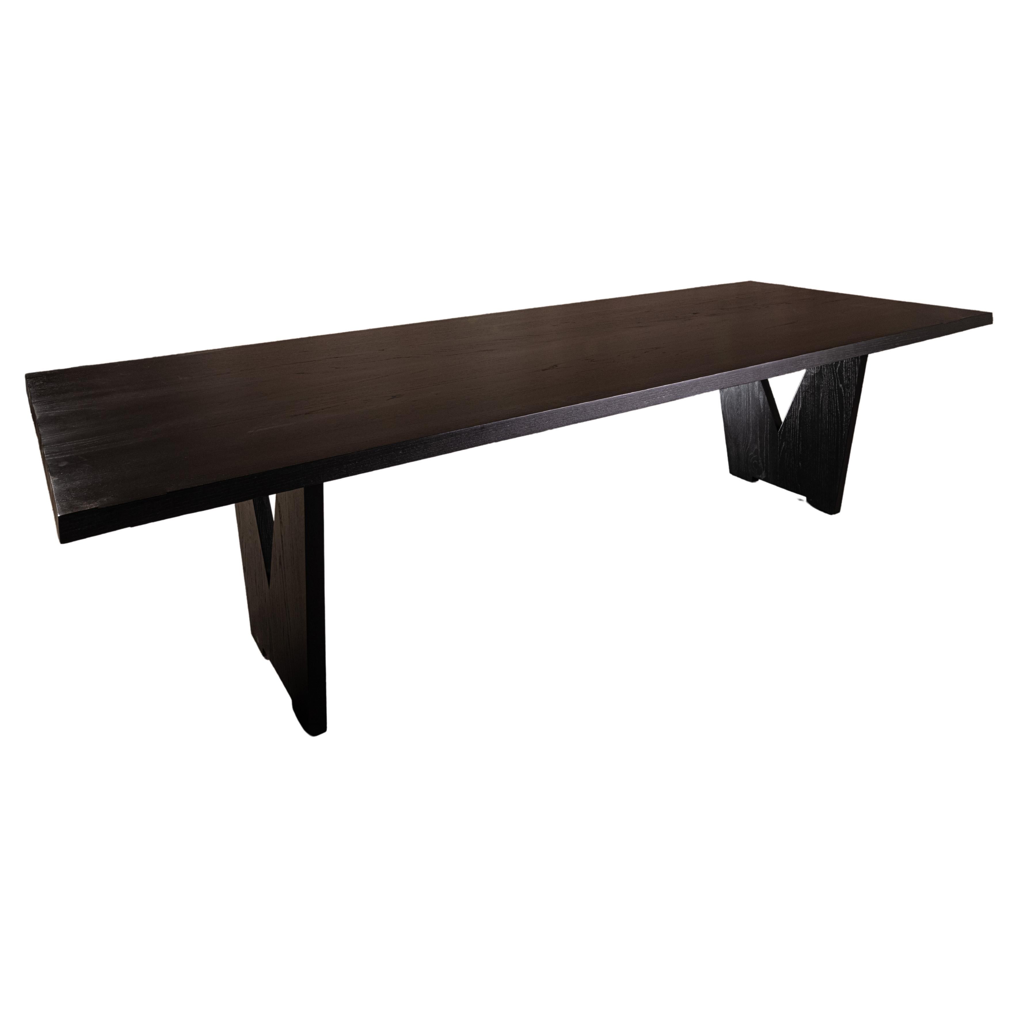 Solid oak rectangular dining table with V Form Pedestals. Matte black smooth finish.