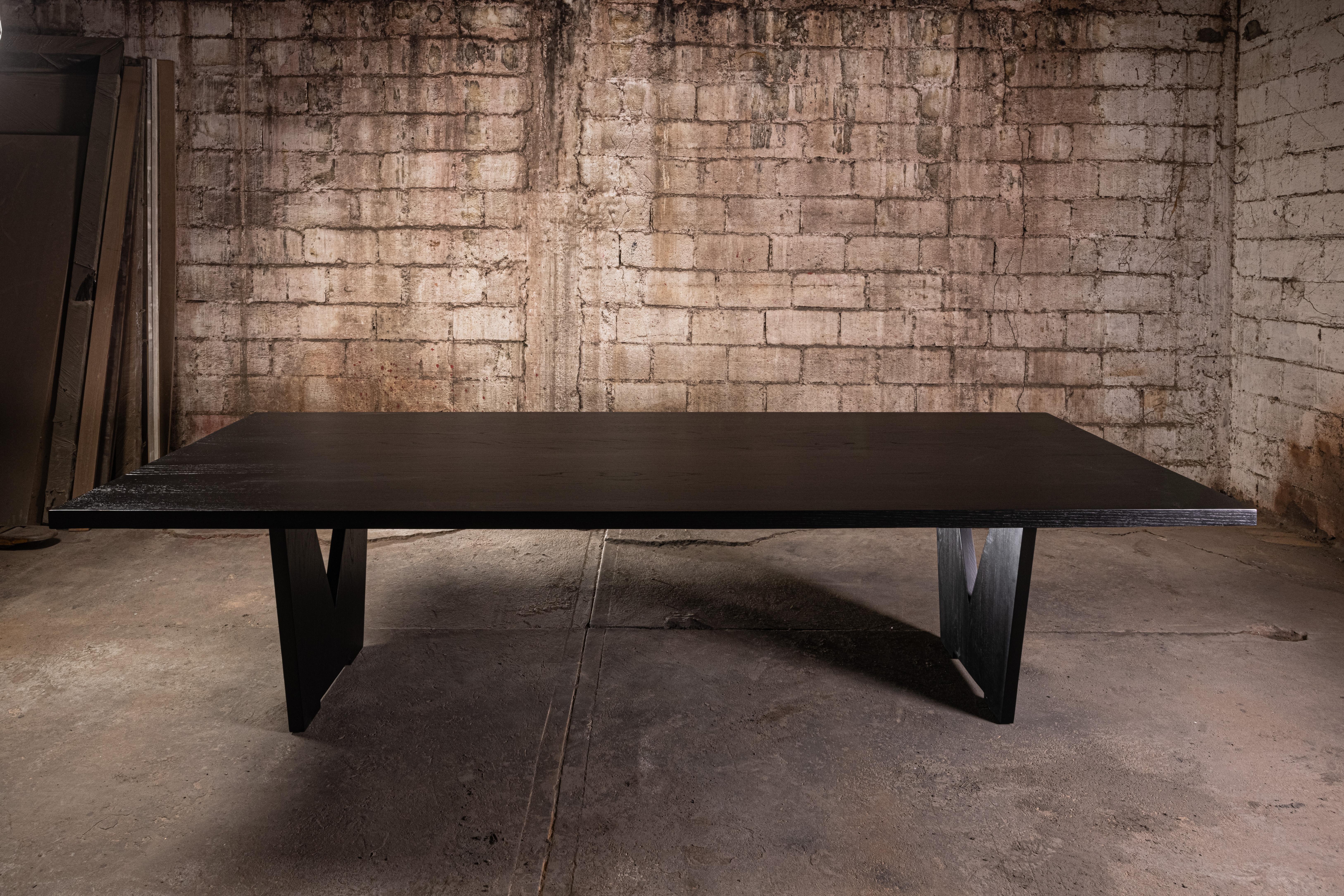 Hand-Crafted V Black Oak Dining Table For Sale