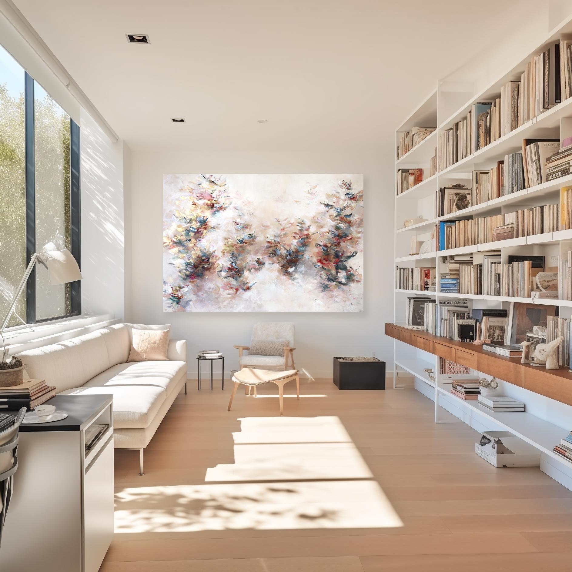 A Romantic Dance - Large Abstract Illuminous Textural Floral Acrylic Painting (Beige), Abstract Painting, von Vè Boisvert