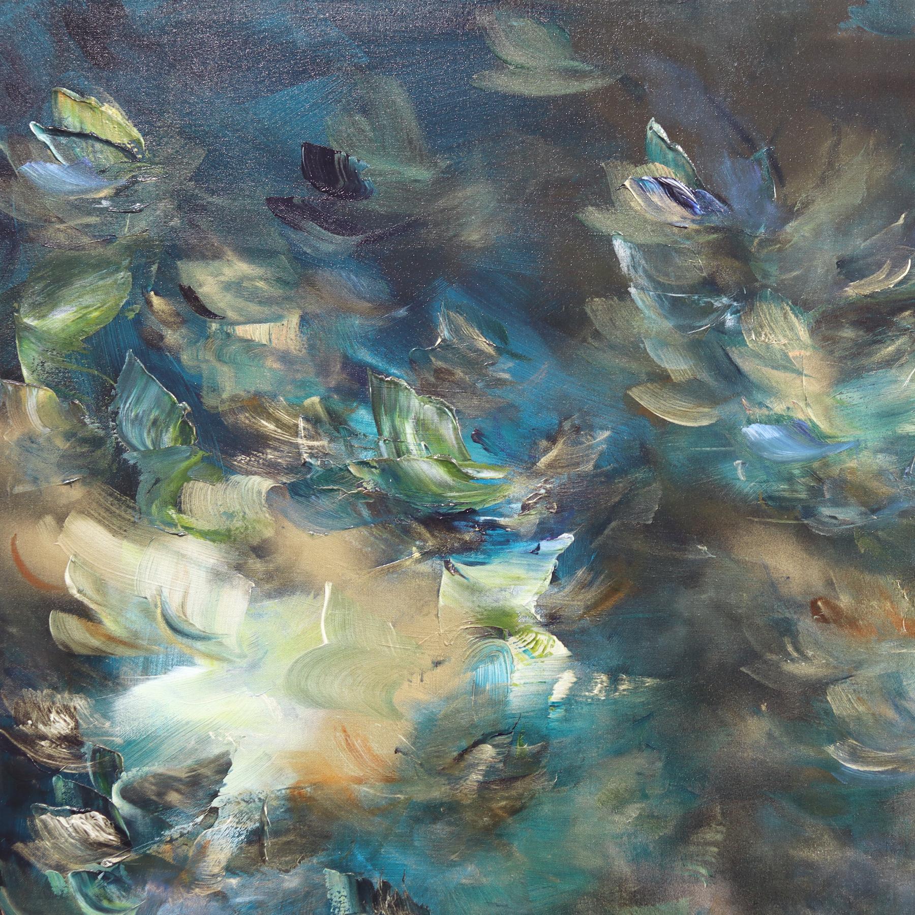 Awakening Dreams - Abstract Luminous Earth Tone Textural Floral Acrylic Artwork - Gray Abstract Painting by Vè Boisvert
