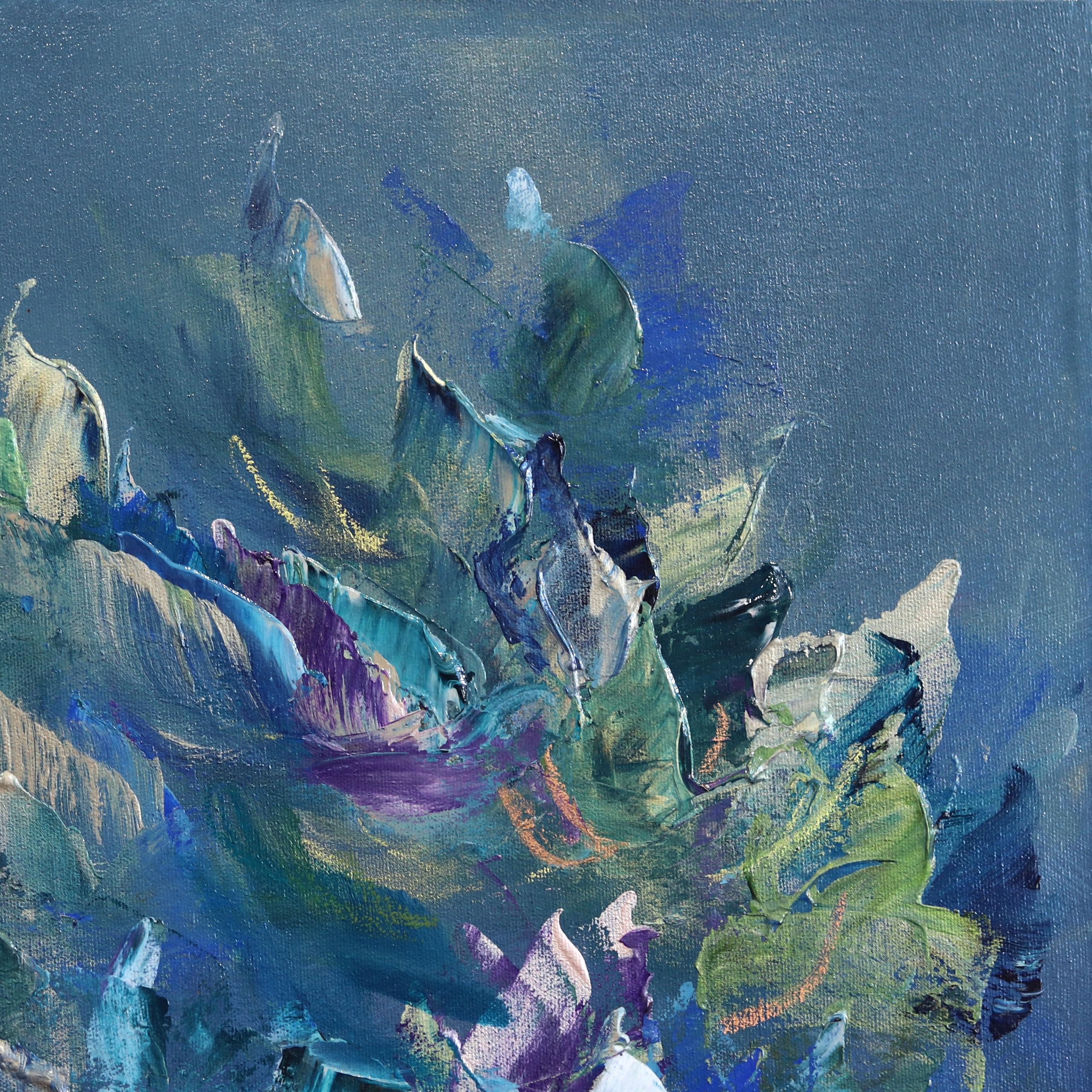 La beauté de la mer - peinture florale abstraite bleue en vente 1