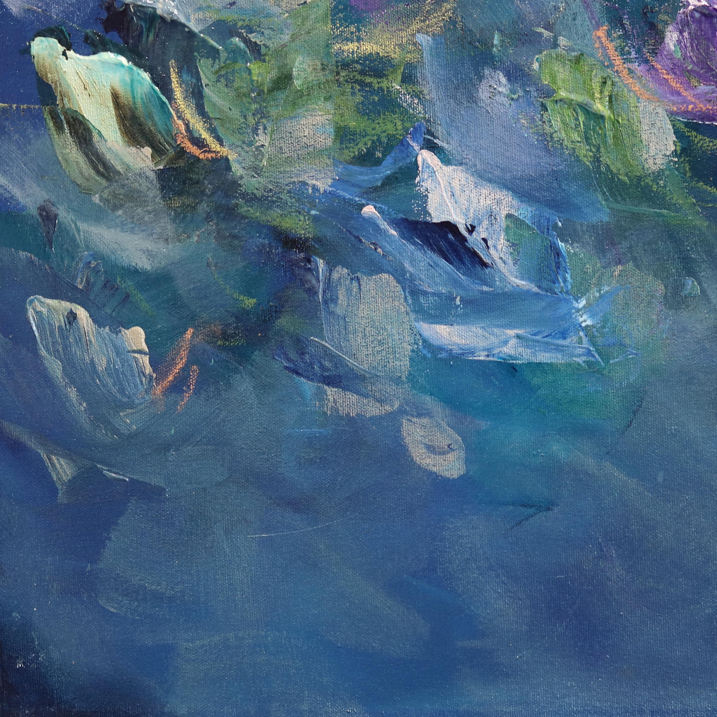 La beauté de la mer - peinture florale abstraite bleue en vente 3