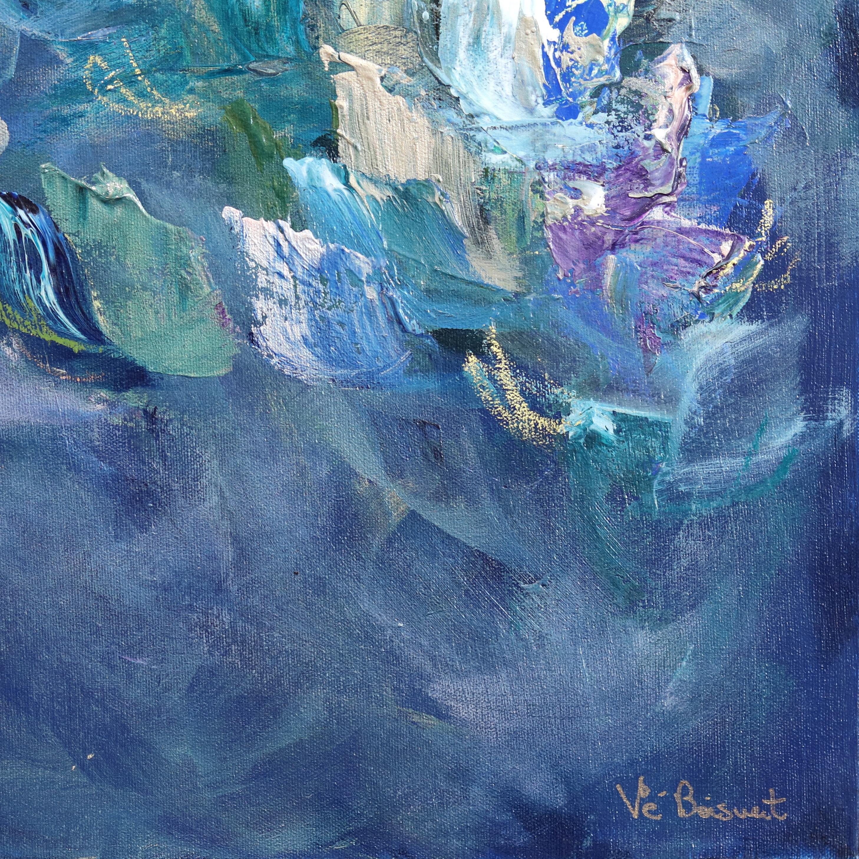 La beauté de la mer - peinture florale abstraite bleue en vente 4
