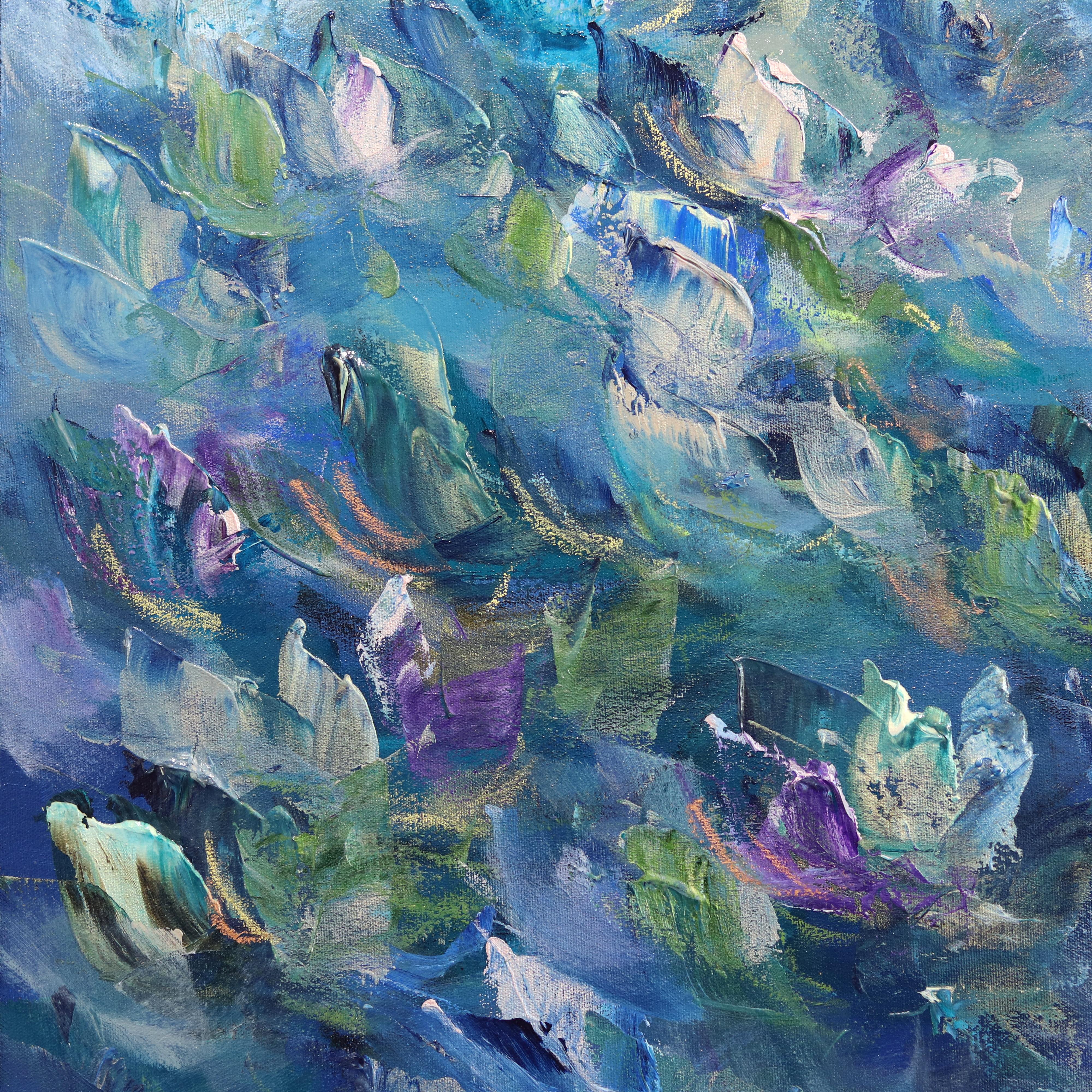La beauté de la mer - peinture florale abstraite bleue en vente 5