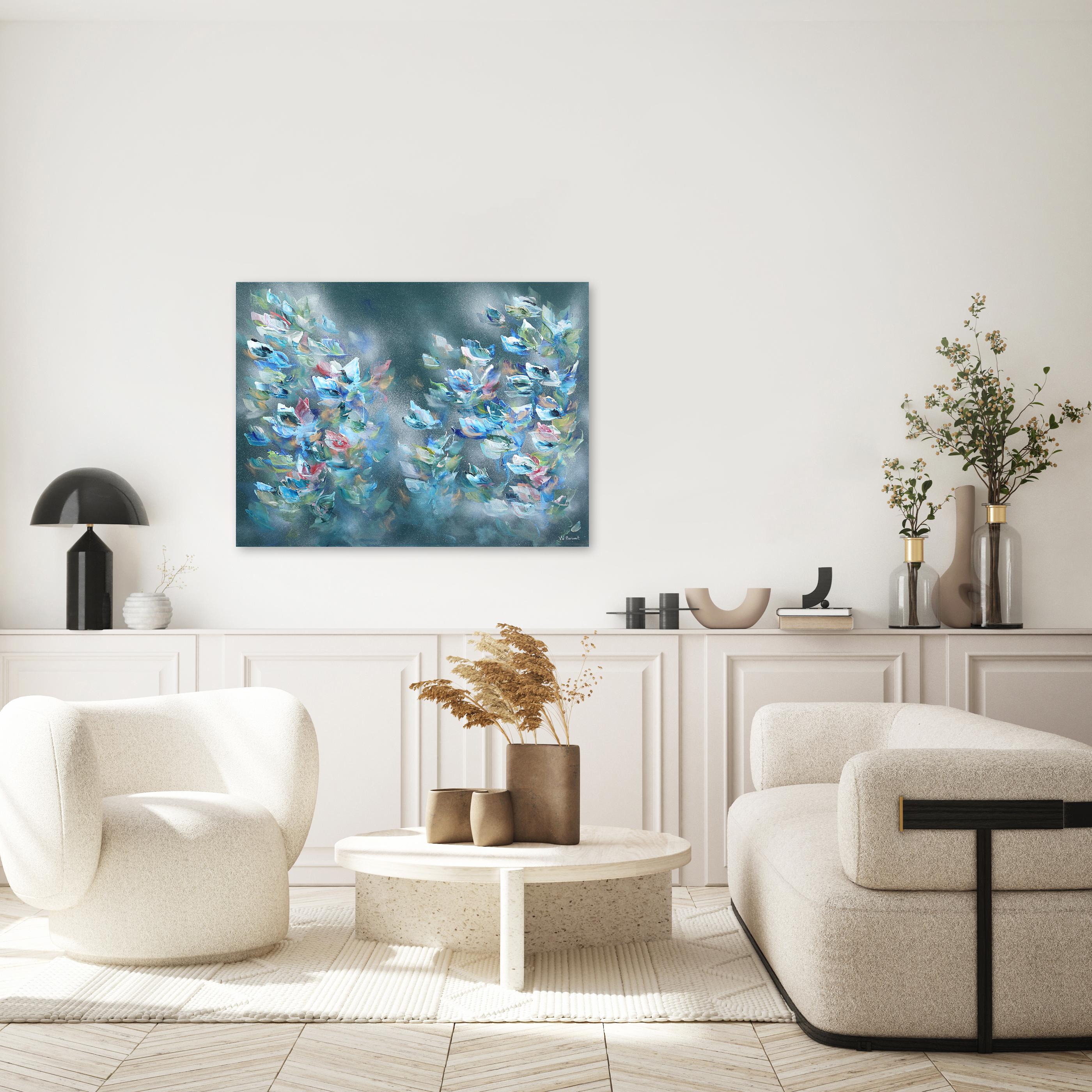Croire au Destin – Abstraktes geblümtes Gemälde in Grün und Blau – Painting von Vè Boisvert