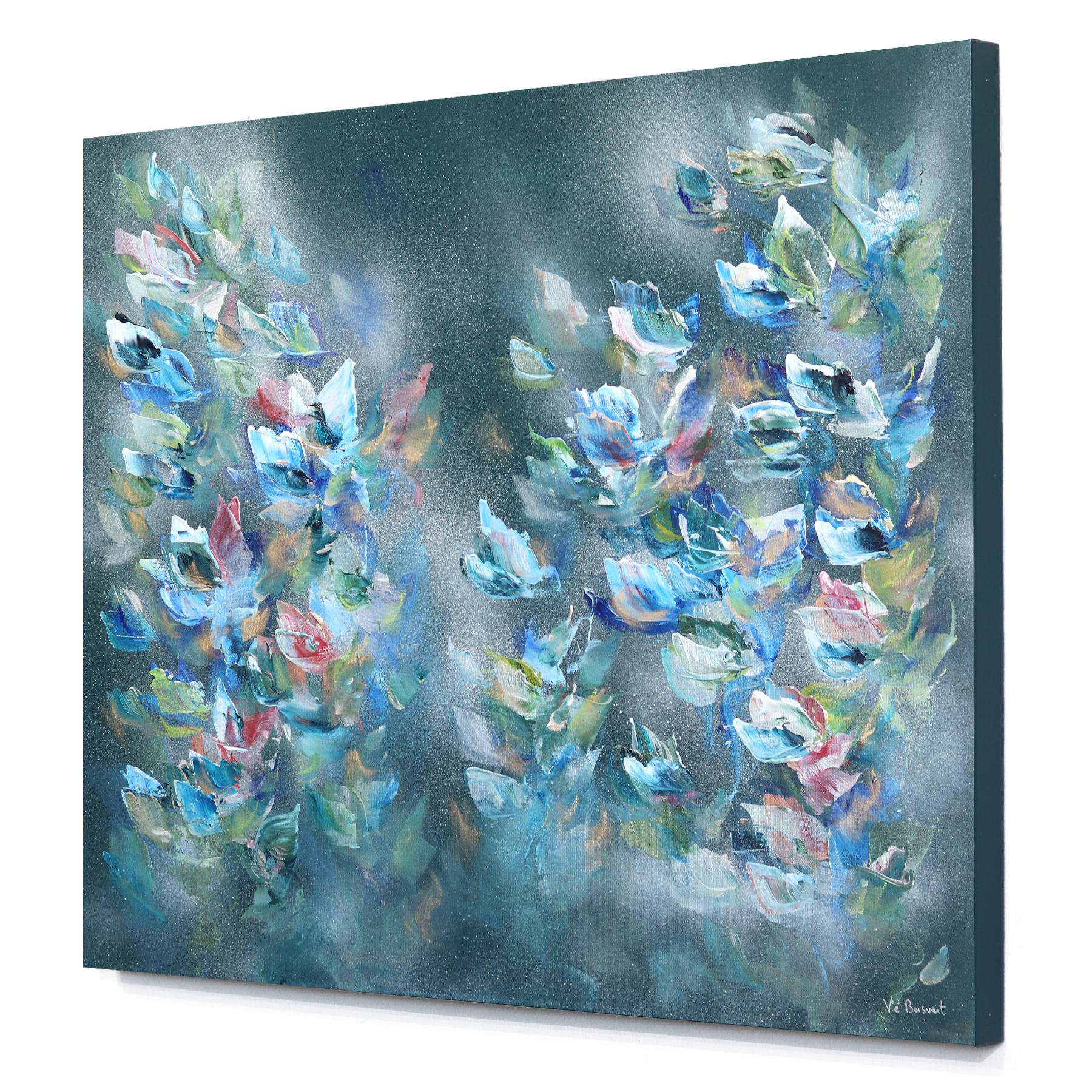 Croire au Destin - Green Teal Abstract Floral Painting For Sale 2