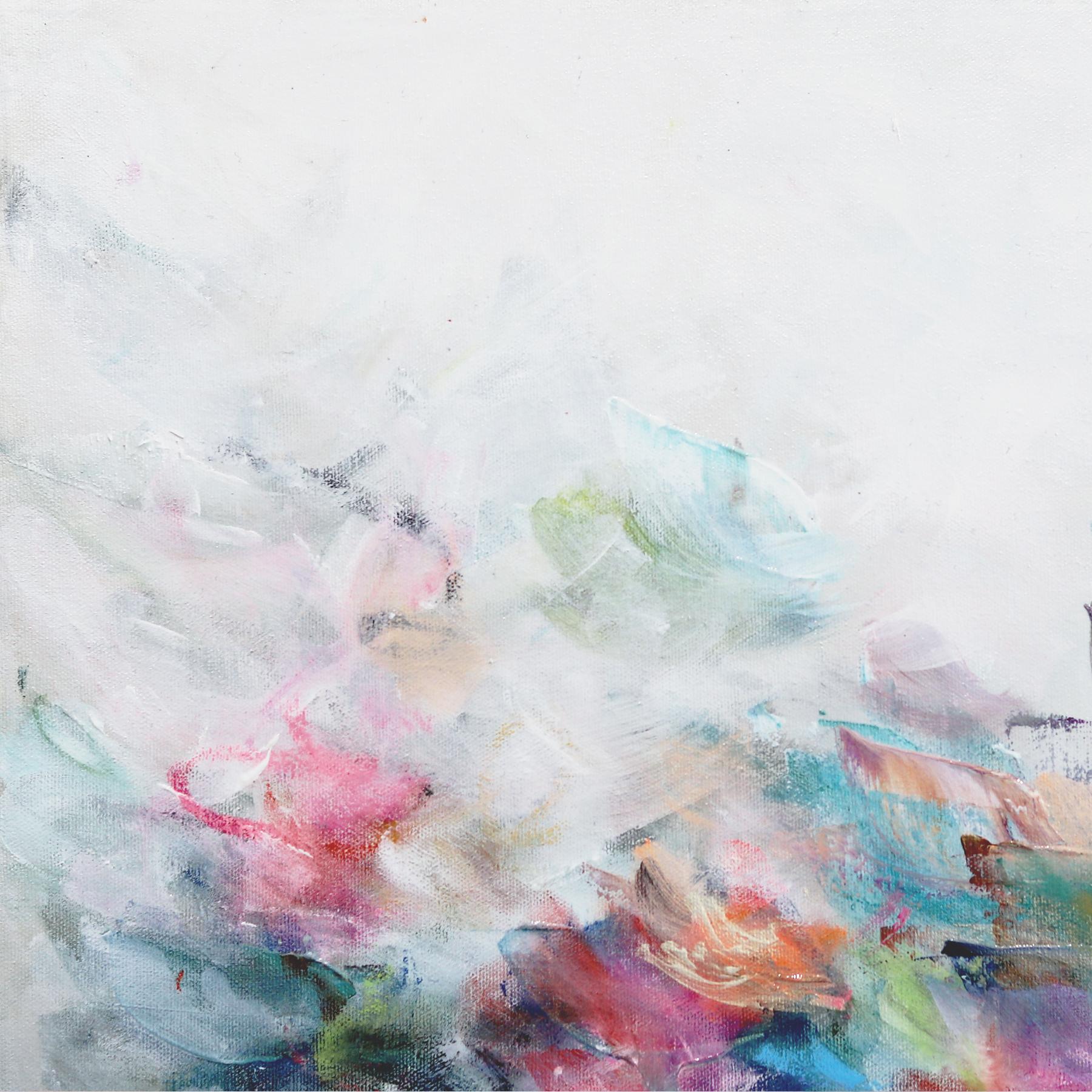 Emotionen in Farbe – farbenfrohes, abstraktes, geblümtes Gemälde in Blau und Teal – Painting von Vè Boisvert