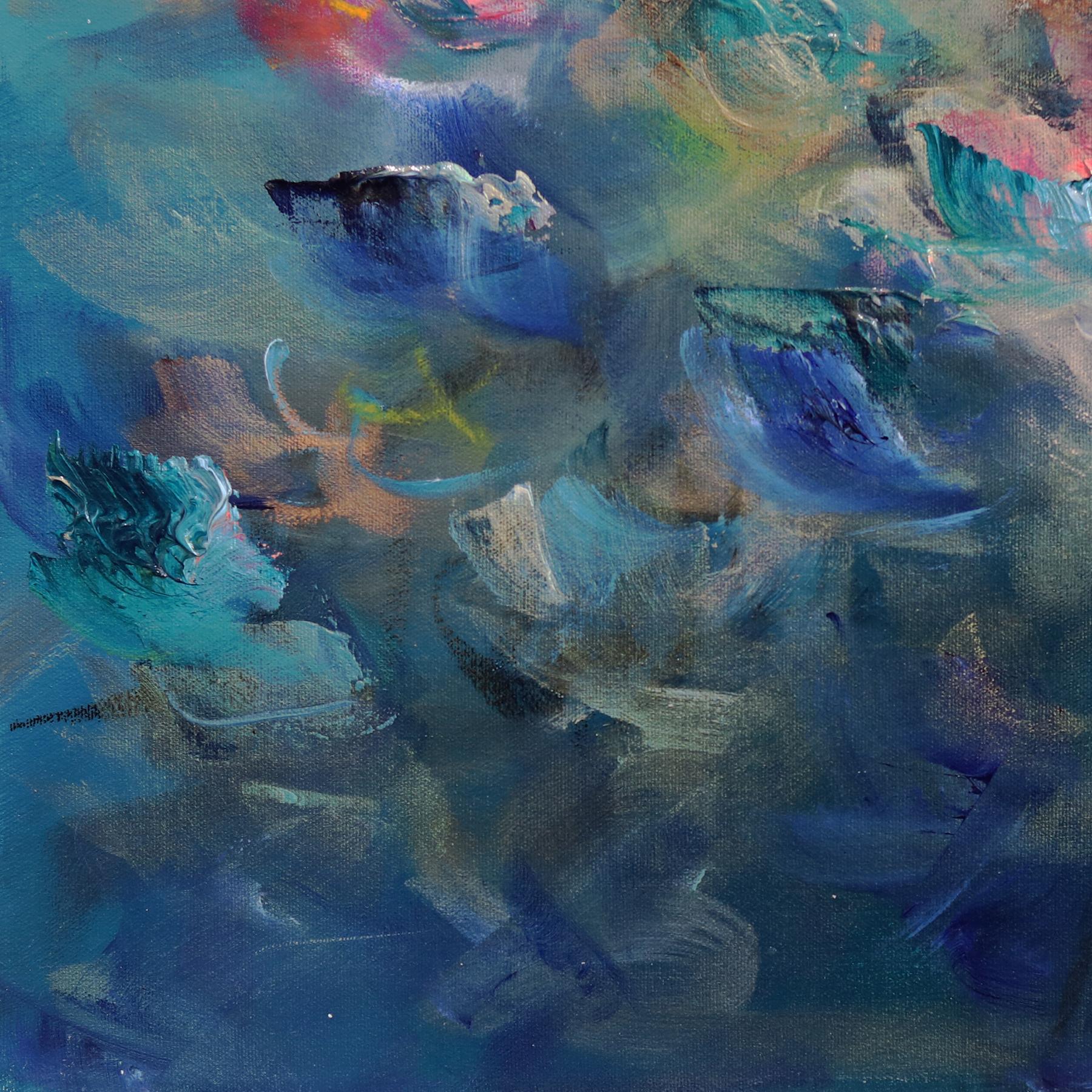 Emotionen in Farbe – farbenfrohes, abstraktes, geblümtes Gemälde in Blau und Teal im Angebot 1