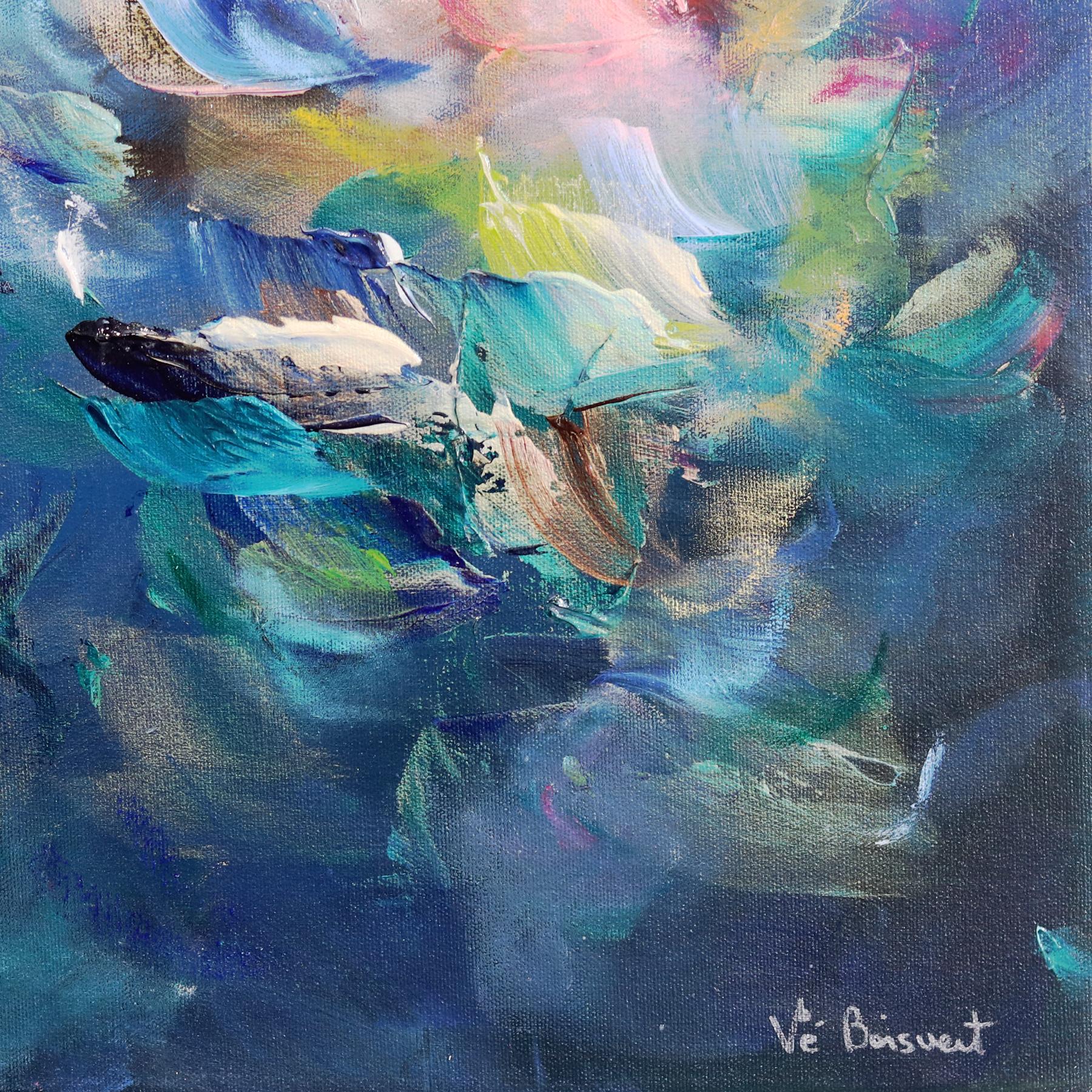 Emotionen in Farbe – farbenfrohes, abstraktes, geblümtes Gemälde in Blau und Teal im Angebot 2