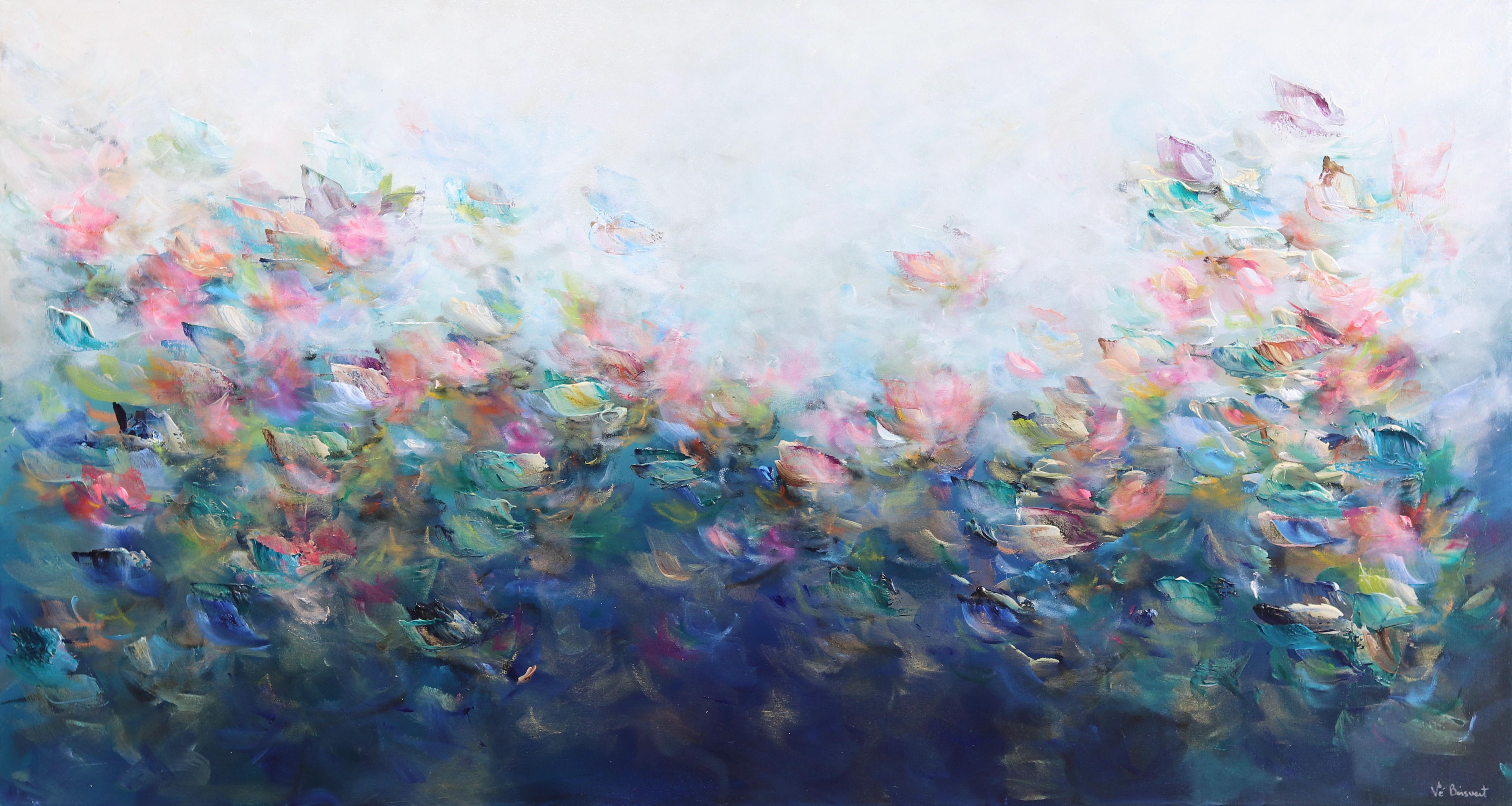 Vè Boisvert Abstract Painting – Emotionen in Farbe – farbenfrohes, abstraktes, geblümtes Gemälde in Blau und Teal