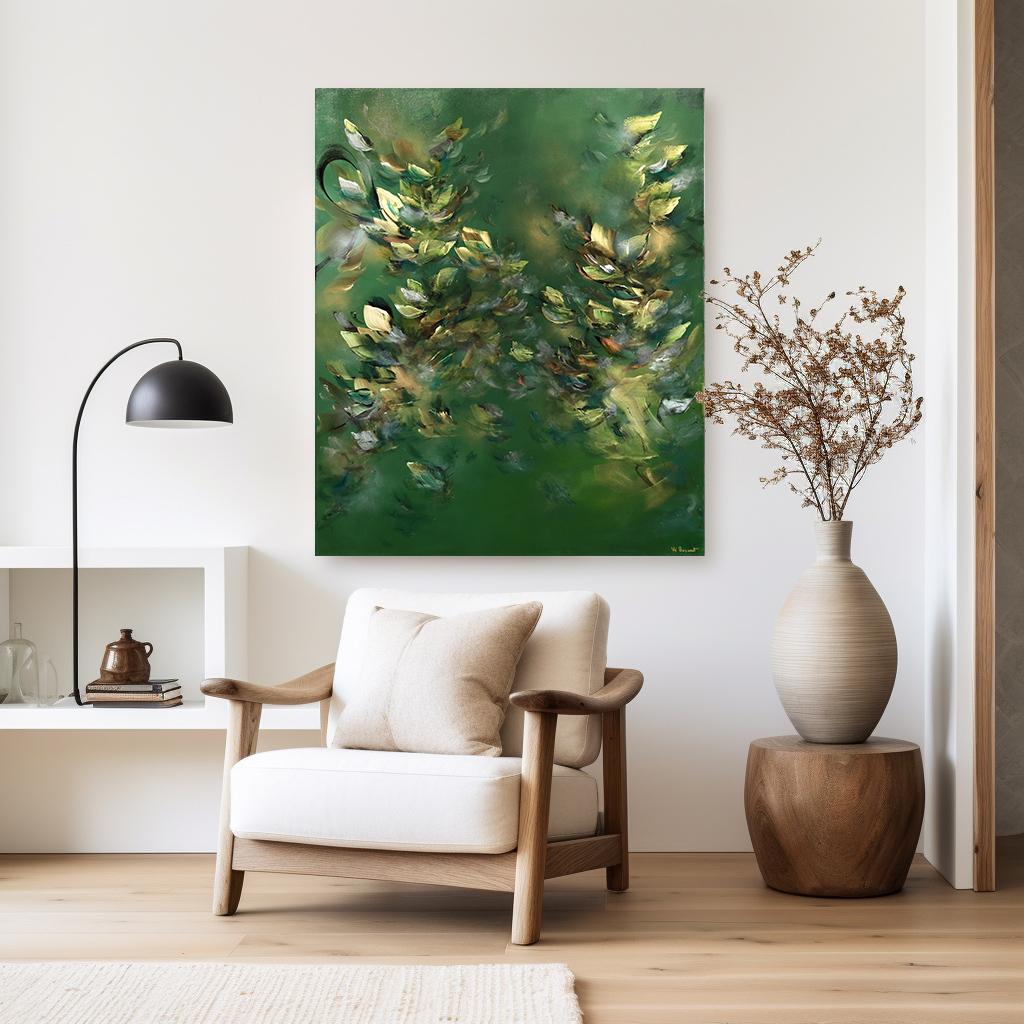 Creatividad etérea - Pintura acrílica abstracta floral texturizada en tono verde tierra - Painting de Vè Boisvert