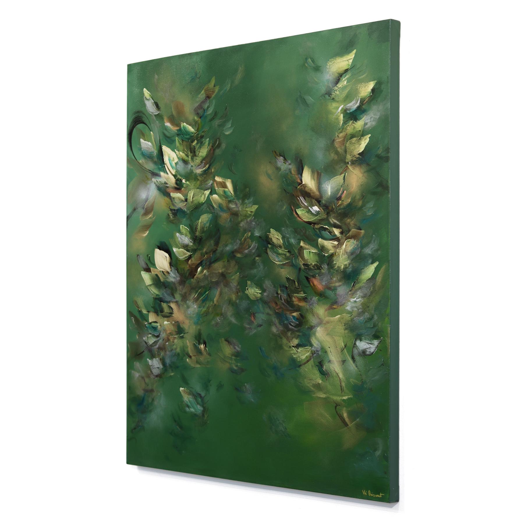 Creatividad etérea - Pintura acrílica abstracta floral texturizada en tono verde tierra - Abstract Painting Negro de Vè Boisvert
