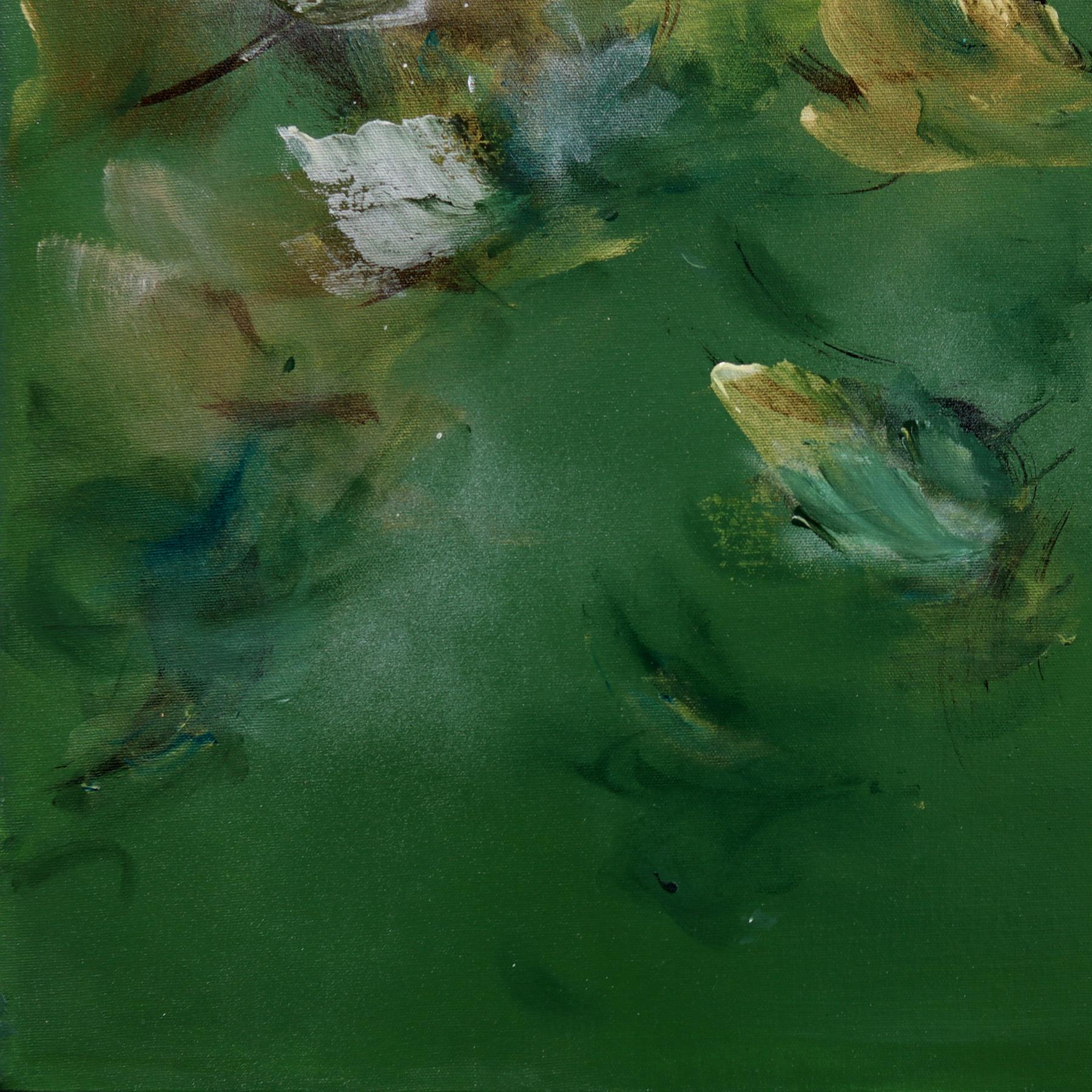 Creatividad etérea - Pintura acrílica abstracta floral texturizada en tono verde tierra en venta 2