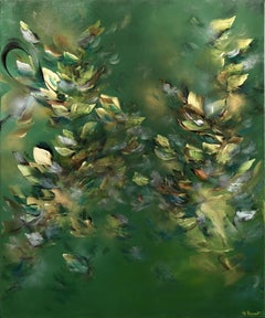 Creatividad etérea - Pintura acrílica abstracta floral texturizada en tono verde tierra