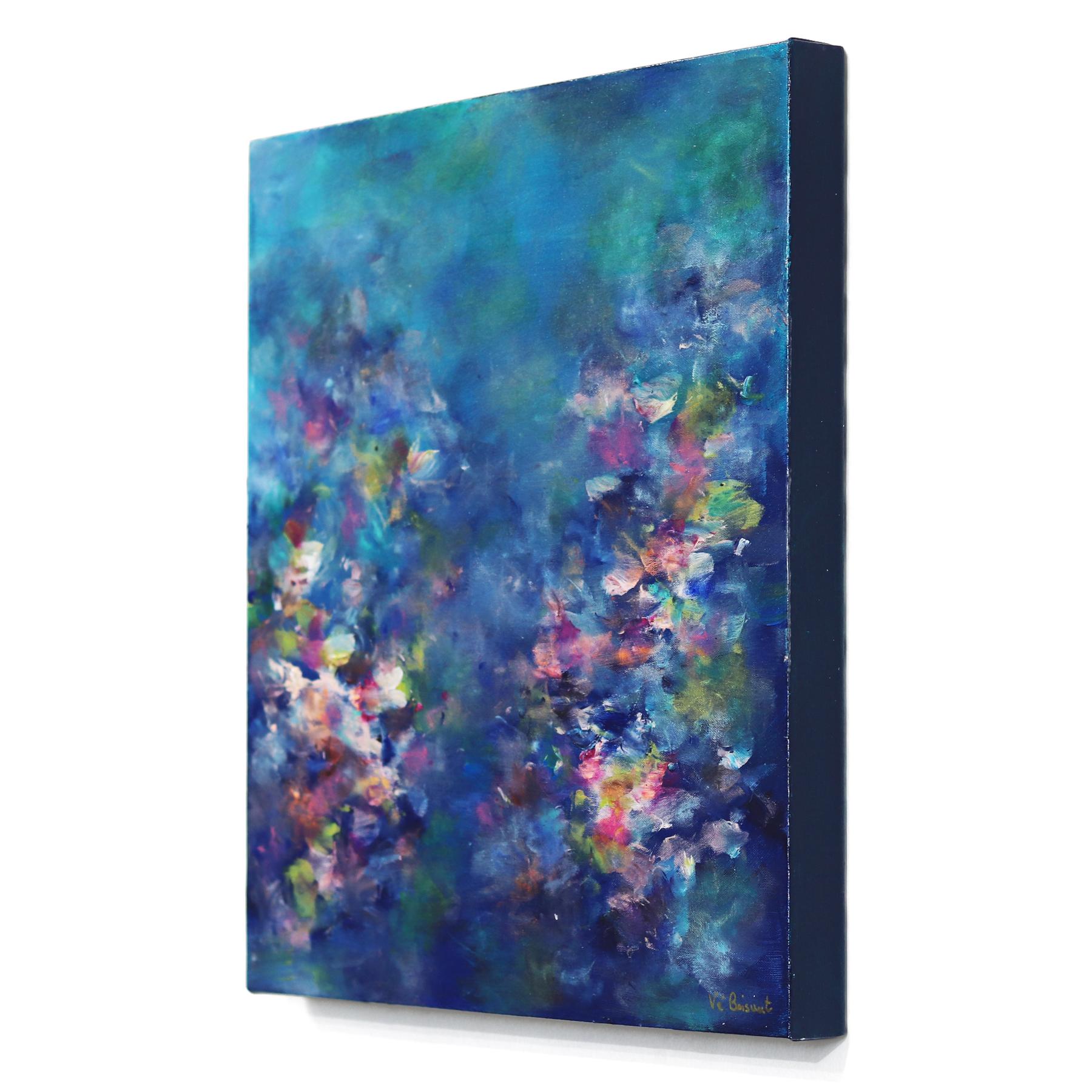 Floating on Water Lilies – Blaues abstraktes, geblümtes Landschaftsgemälde im Angebot 1