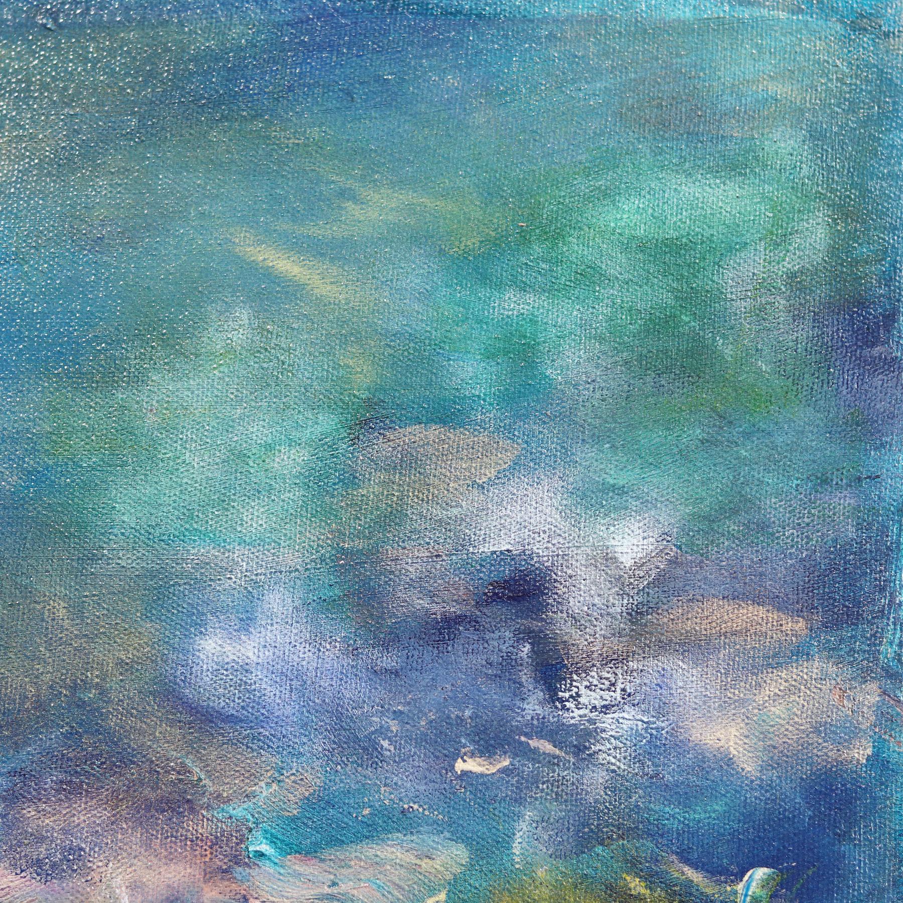 Floating on Water Lilies – Blaues abstraktes, geblümtes Landschaftsgemälde im Angebot 2