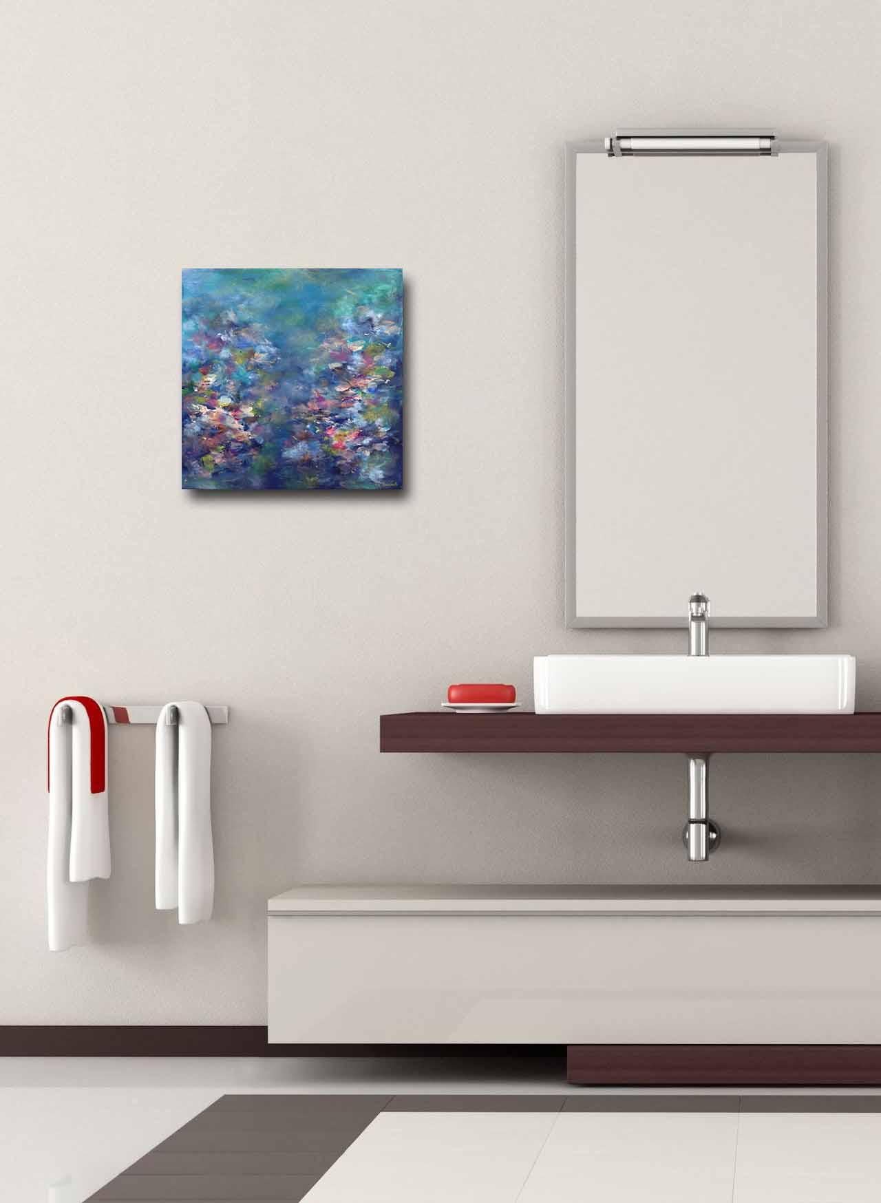 Floating on Water Lilies – Blaues abstraktes, geblümtes Landschaftsgemälde im Angebot 3