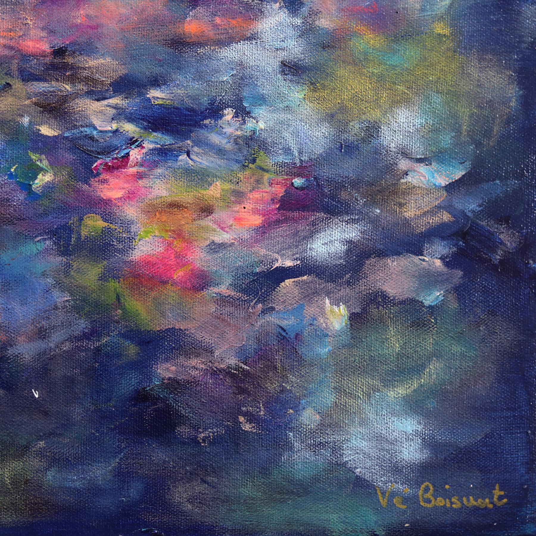 Floating on Water Lilies – Blaues abstraktes, geblümtes Landschaftsgemälde im Angebot 5