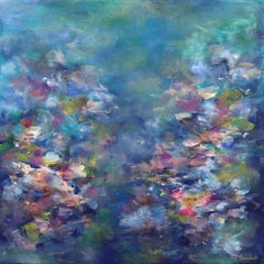 Floating on Water Lilies - Blue Abstract Floral Landscape Painting