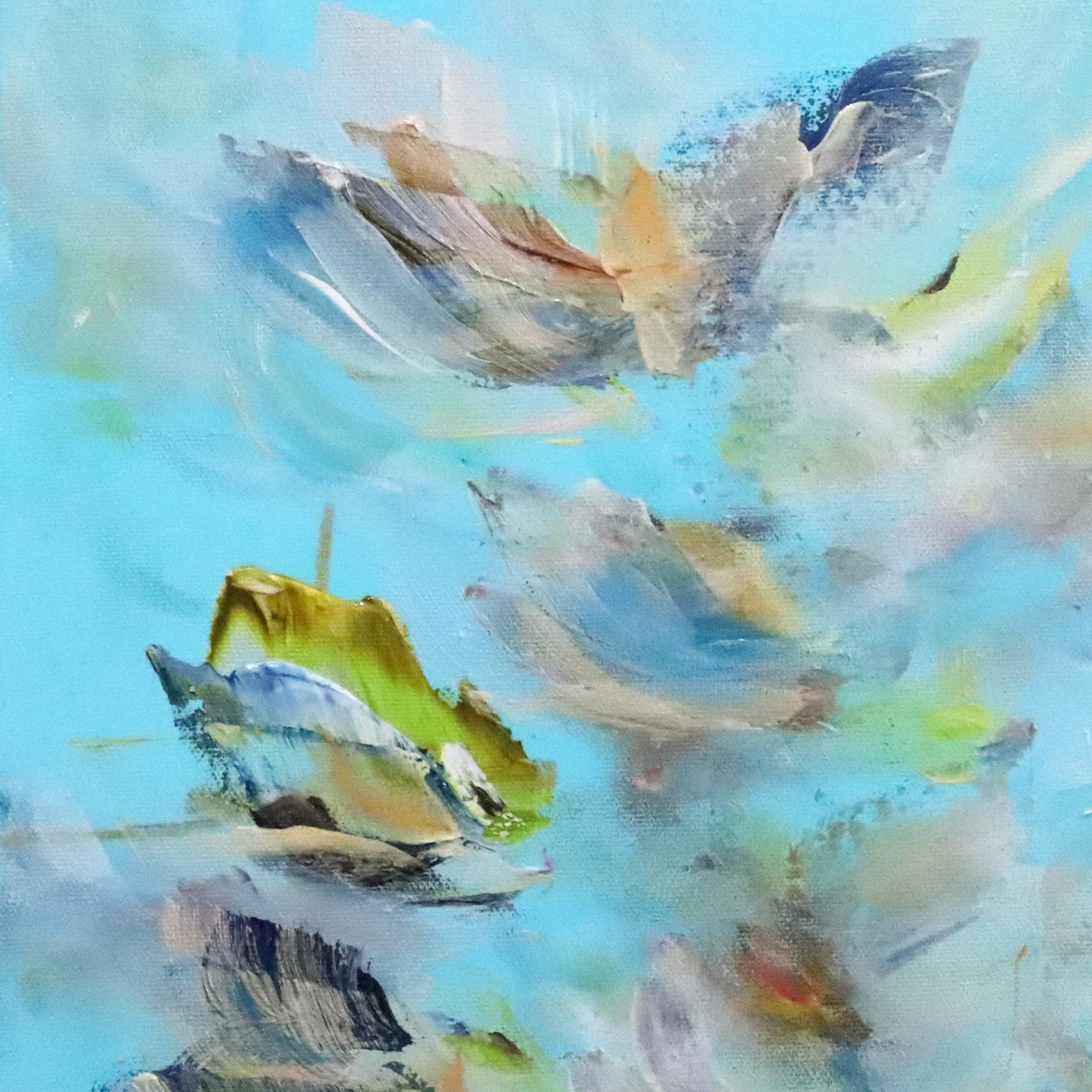 Freedom in the Sky - Serene Light Blue Pastel Textural Abstract Floral Painting For Sale 1