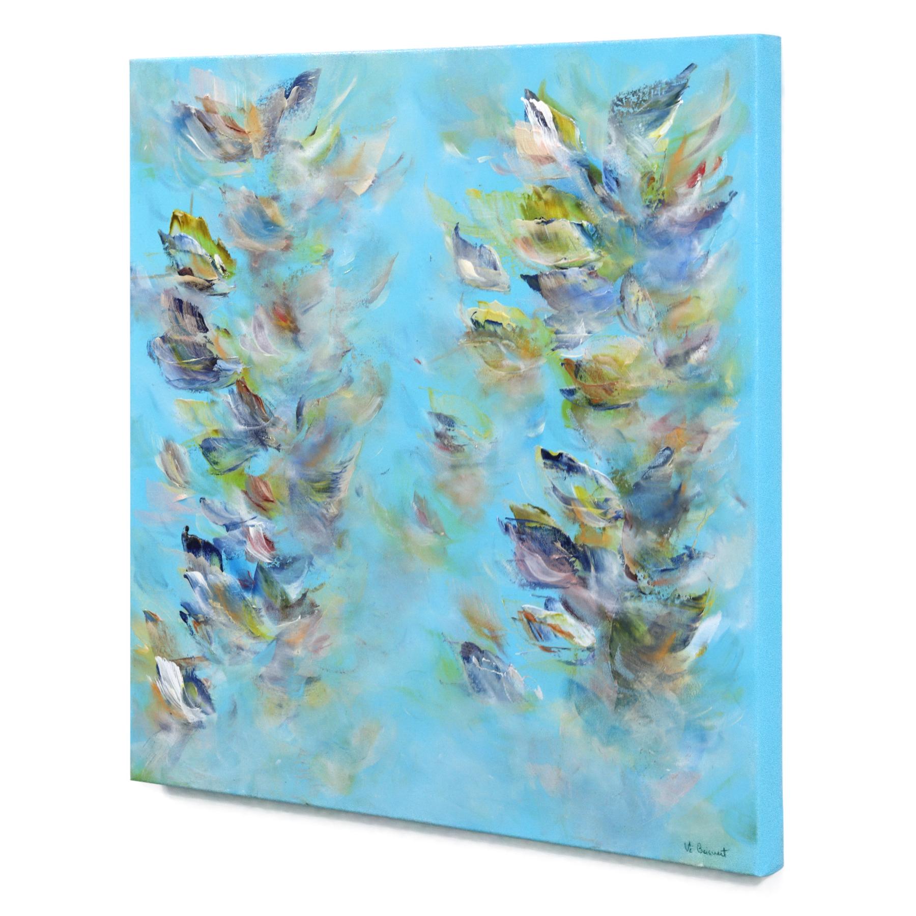 Freedom in the Sky - Serene Light Blue Pastel Textural Abstract Floral Painting For Sale 2