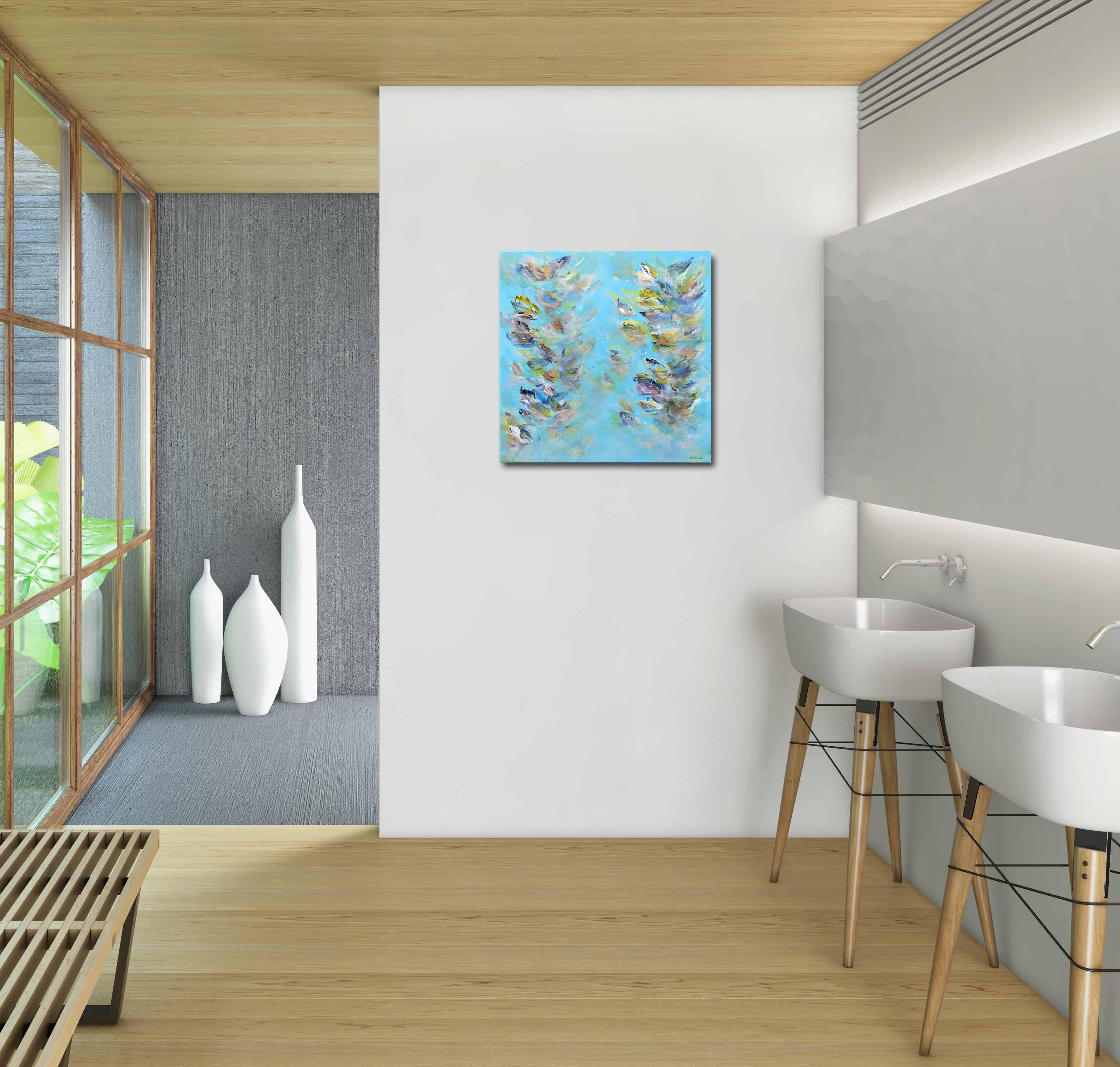 Freedom in the Sky - Serene Light Blue Pastel Textural Abstract Floral Painting For Sale 4