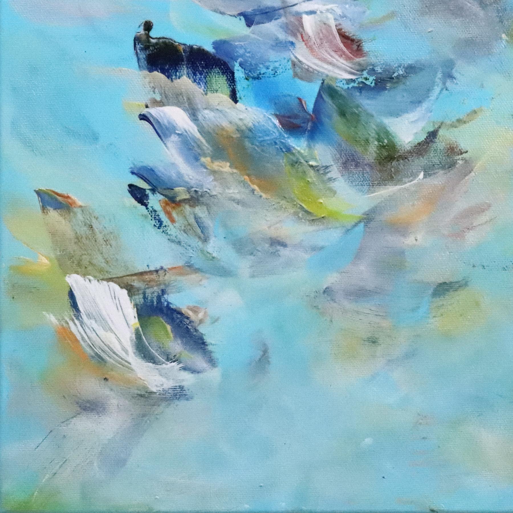 Freedom in the Sky - Serene Light Blue Pastel Textural Abstract Floral Painting For Sale 5