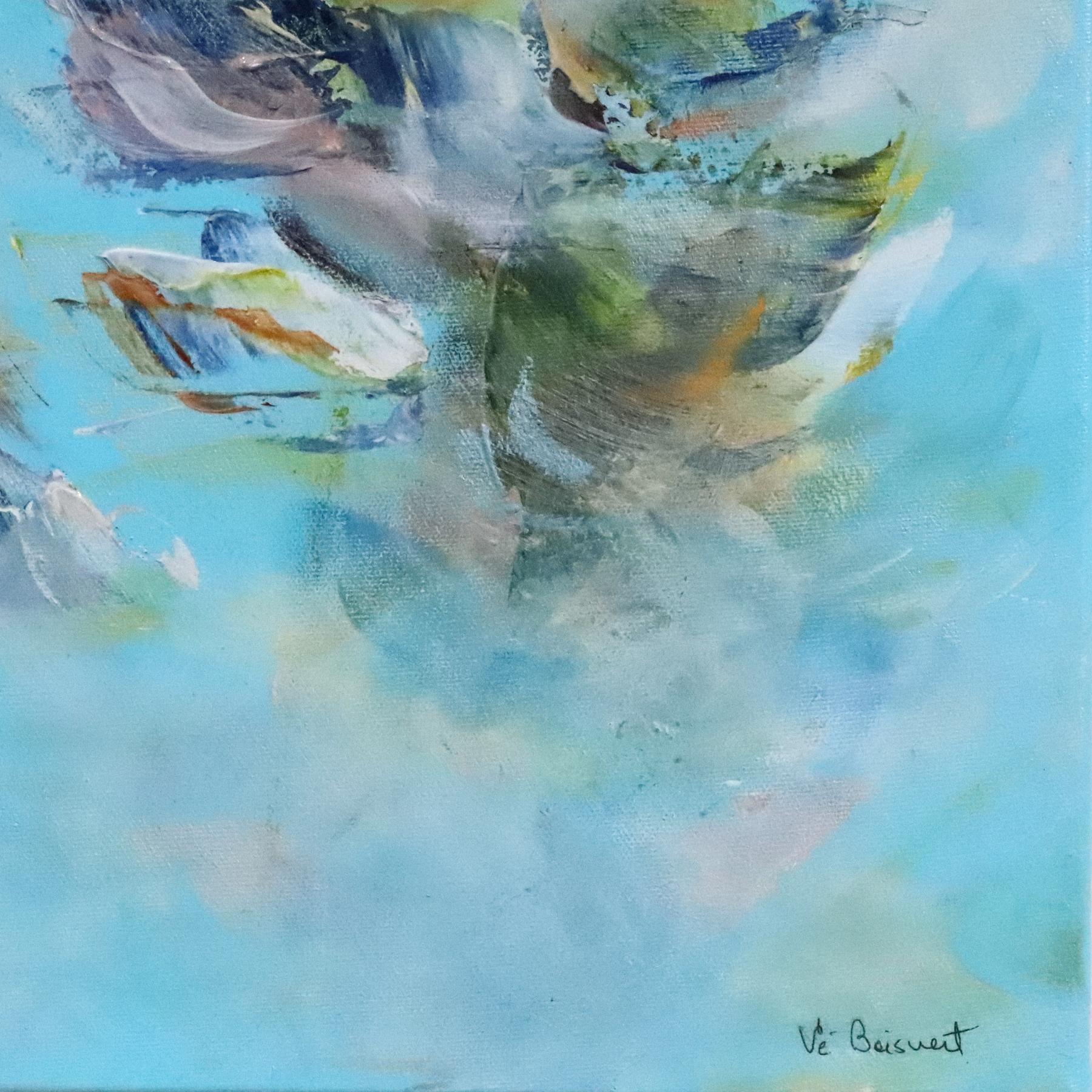 Freedom in the Sky - Serene Light Blue Pastel Textural Abstract Floral Painting For Sale 6