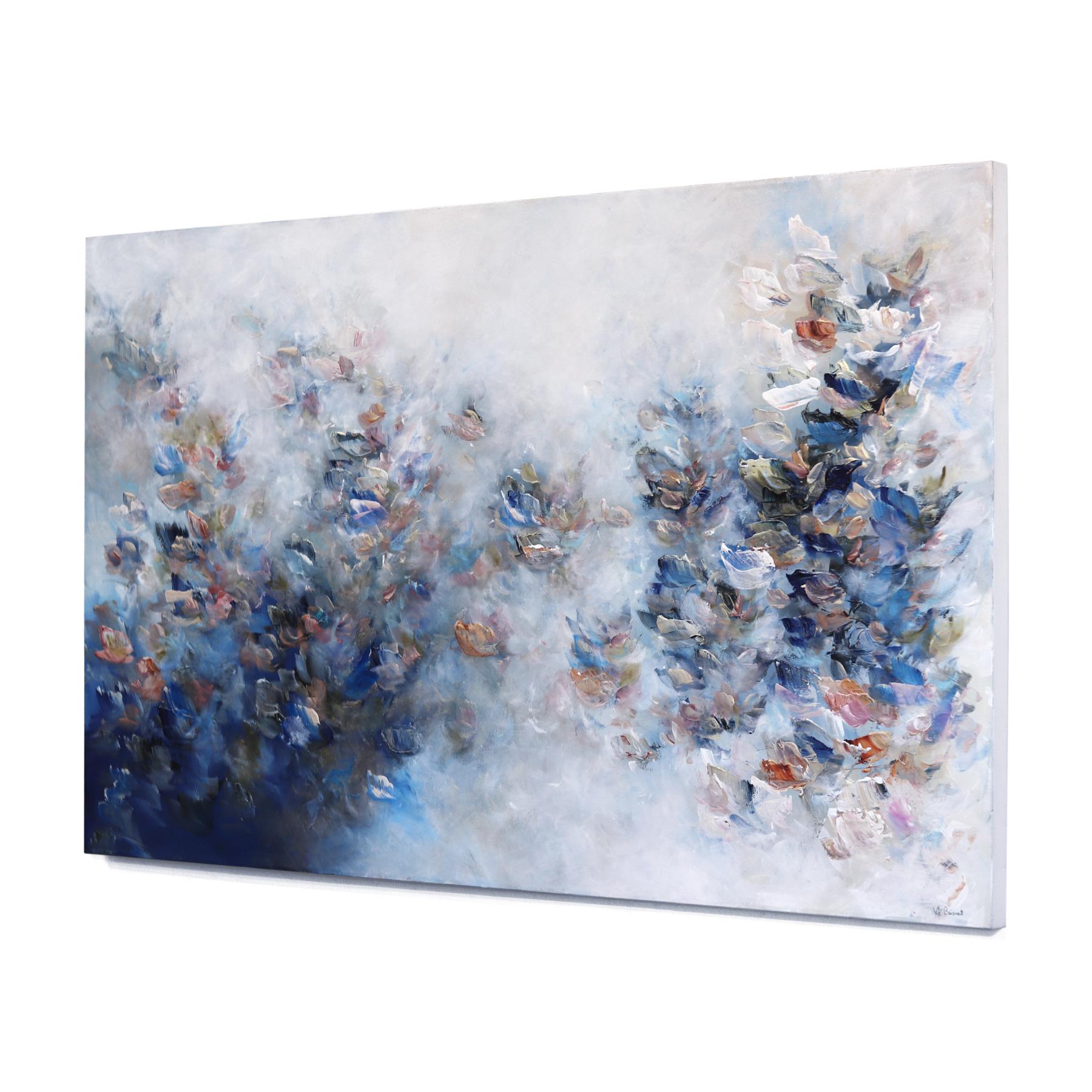 From the Cosmos to the Sea - Soft Cool Tone Textural Floral Abstract Painting For Sale 1