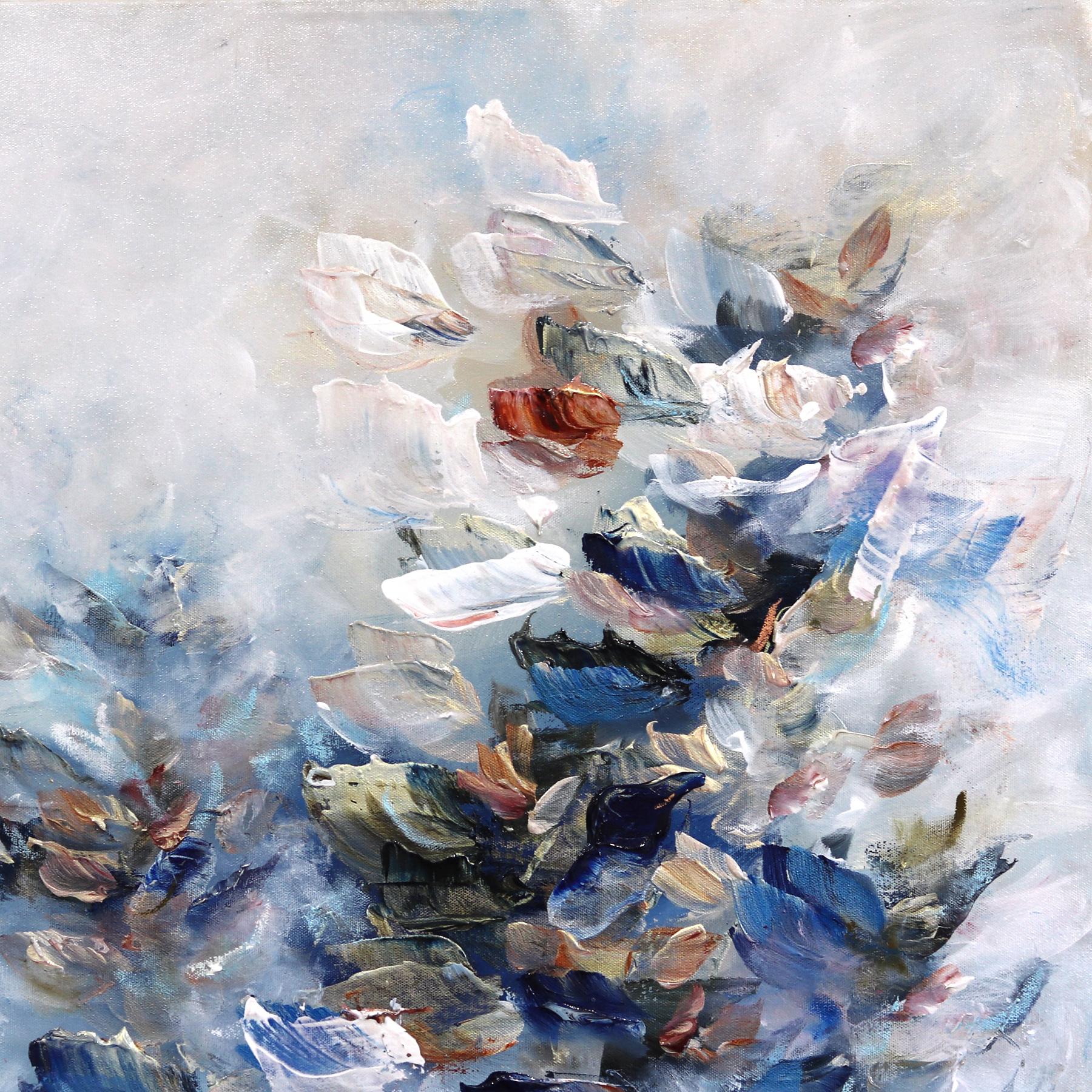 From the Cosmos to the Sea - Soft Cool Tone Textural Floral Abstract Painting For Sale 2