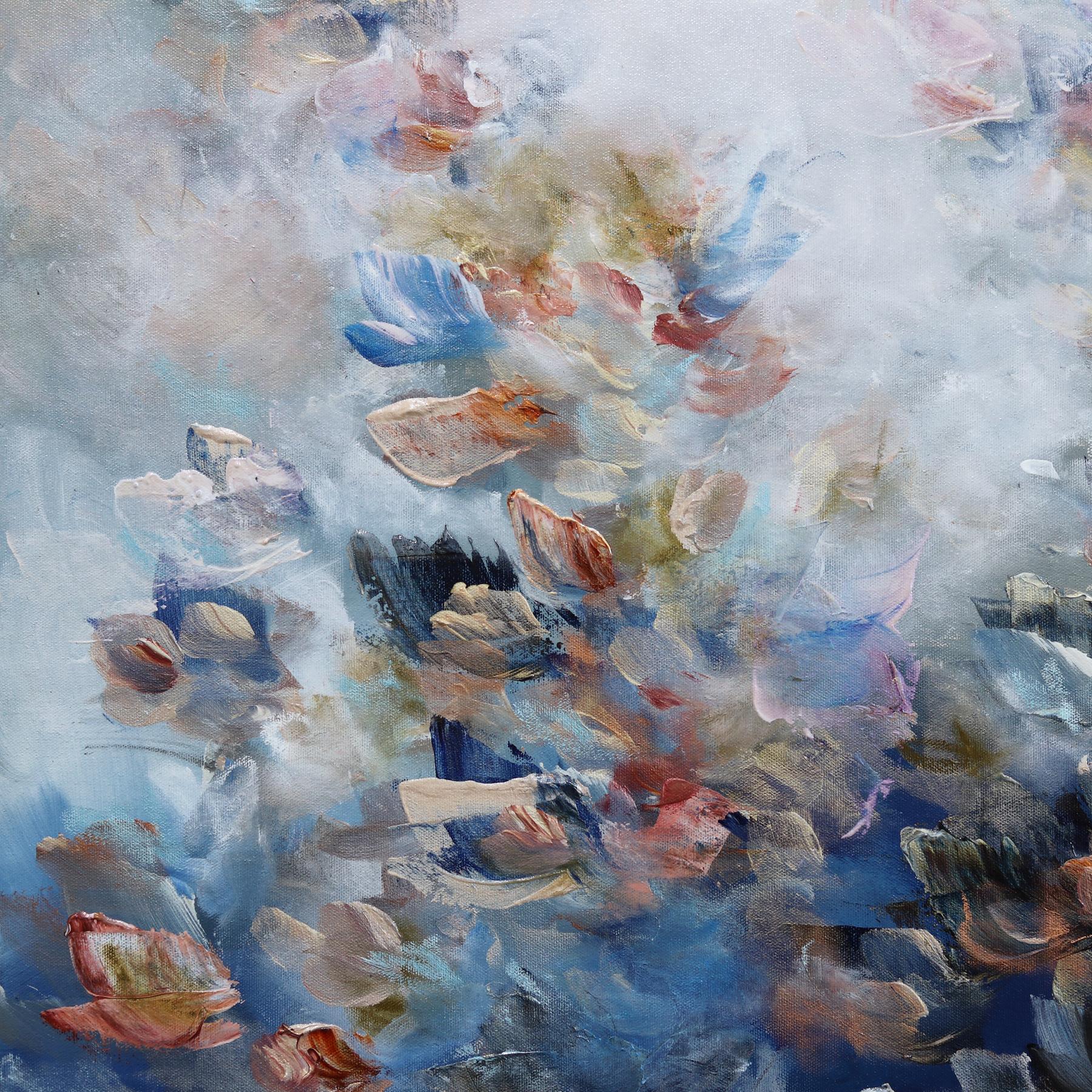 From the Cosmos to the Sea - Soft Cool Tone Textural Floral Abstract Painting For Sale 4