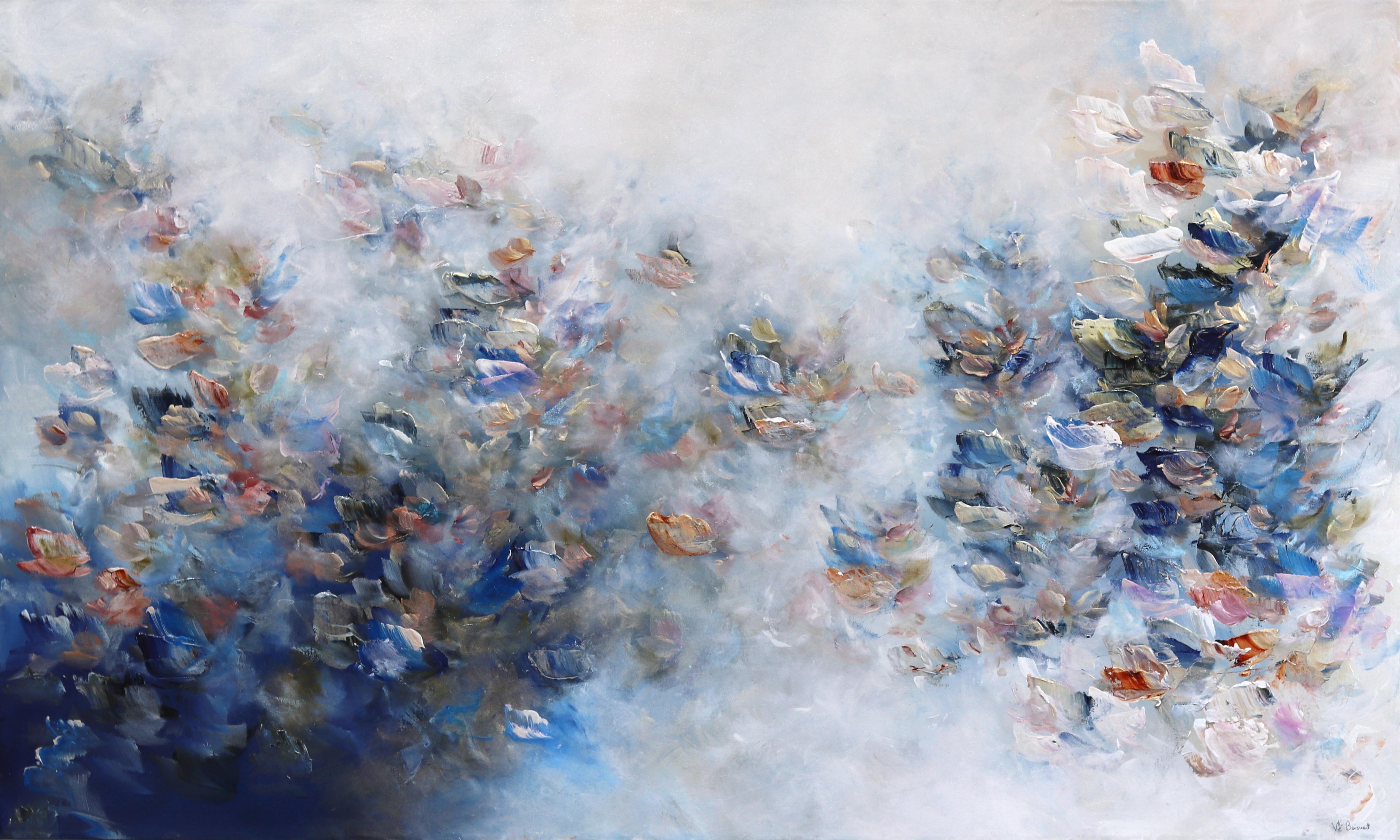 Vè Boisvert Landscape Painting - From the Cosmos to the Sea - Soft Cool Tone Textural Floral Abstract Painting