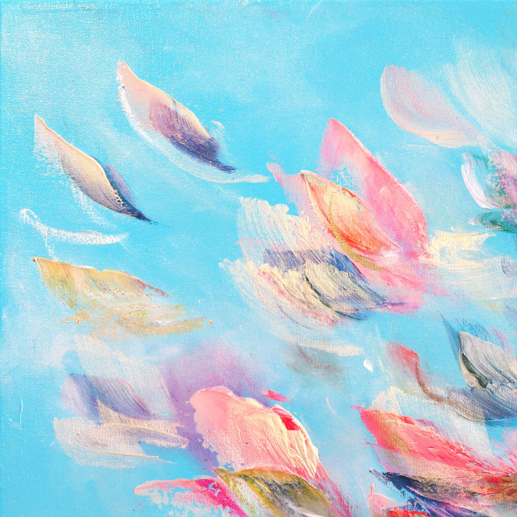 S'amuser avec la vie ! - Peinture florale abstraite multicolore texturée bleu ciel - Abstrait Painting par Vè Boisvert