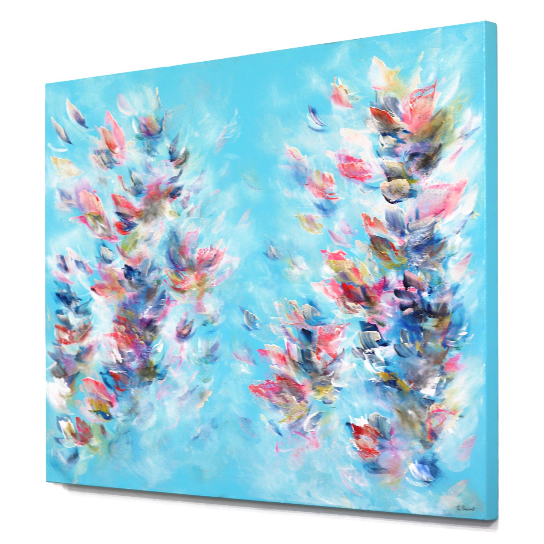 S'amuser avec la vie ! - Peinture florale abstraite multicolore texturée bleu ciel - Bleu Abstract Painting par Vè Boisvert