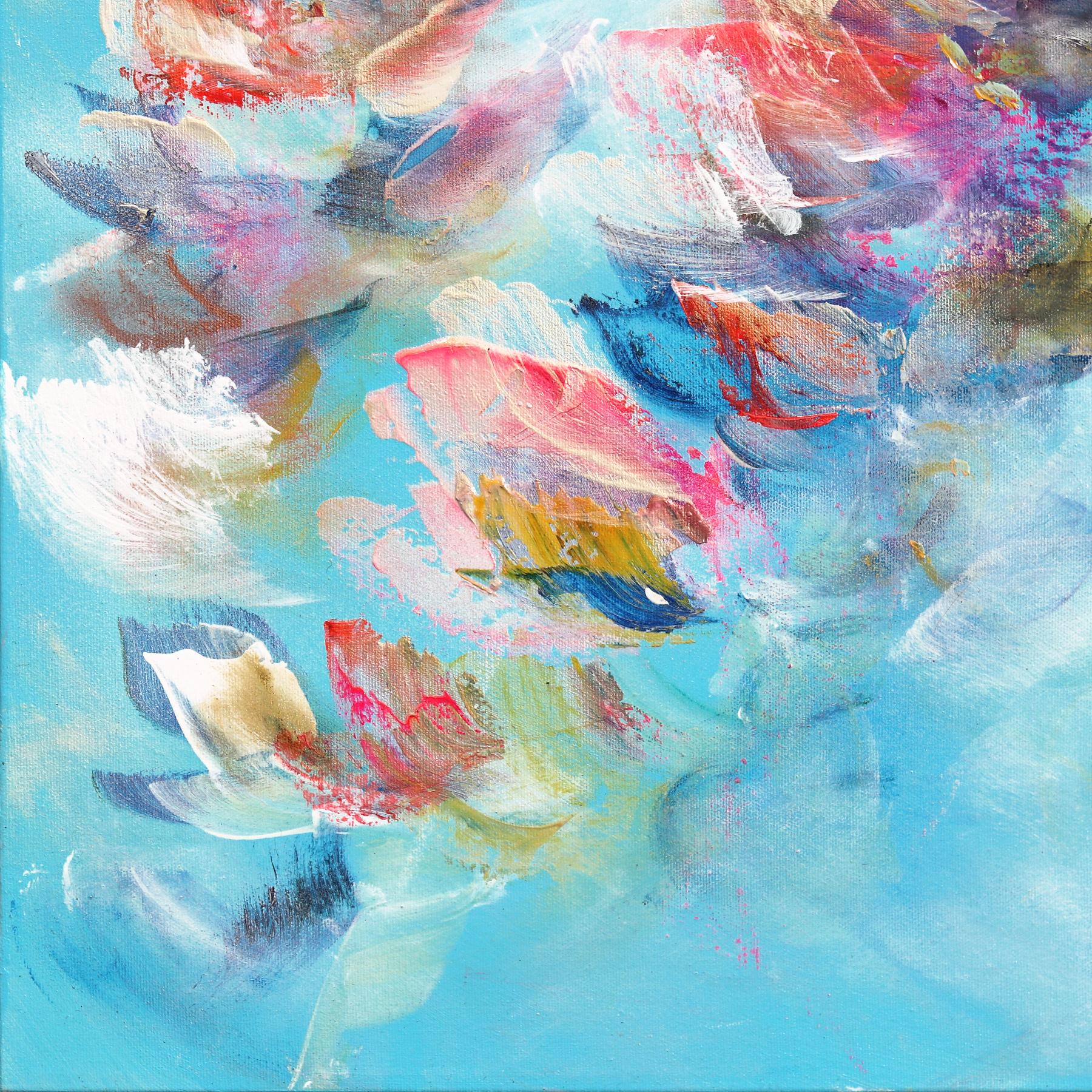S'amuser avec la vie ! - Peinture florale abstraite multicolore texturée bleu ciel en vente 2