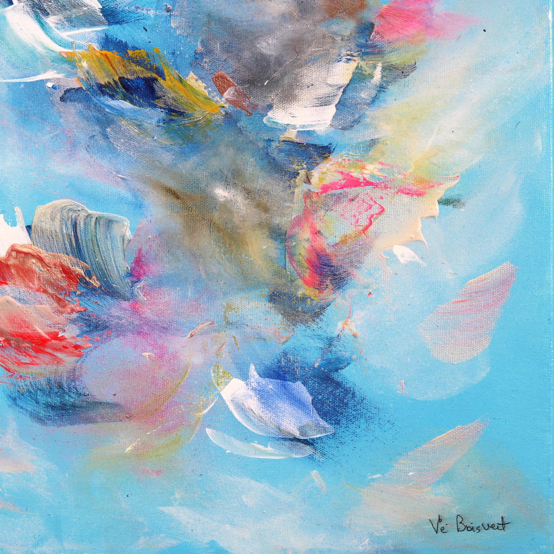 S'amuser avec la vie ! - Peinture florale abstraite multicolore texturée bleu ciel en vente 3