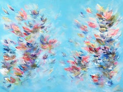 S'amuser avec la vie ! - Peinture florale abstraite multicolore texturée bleu ciel