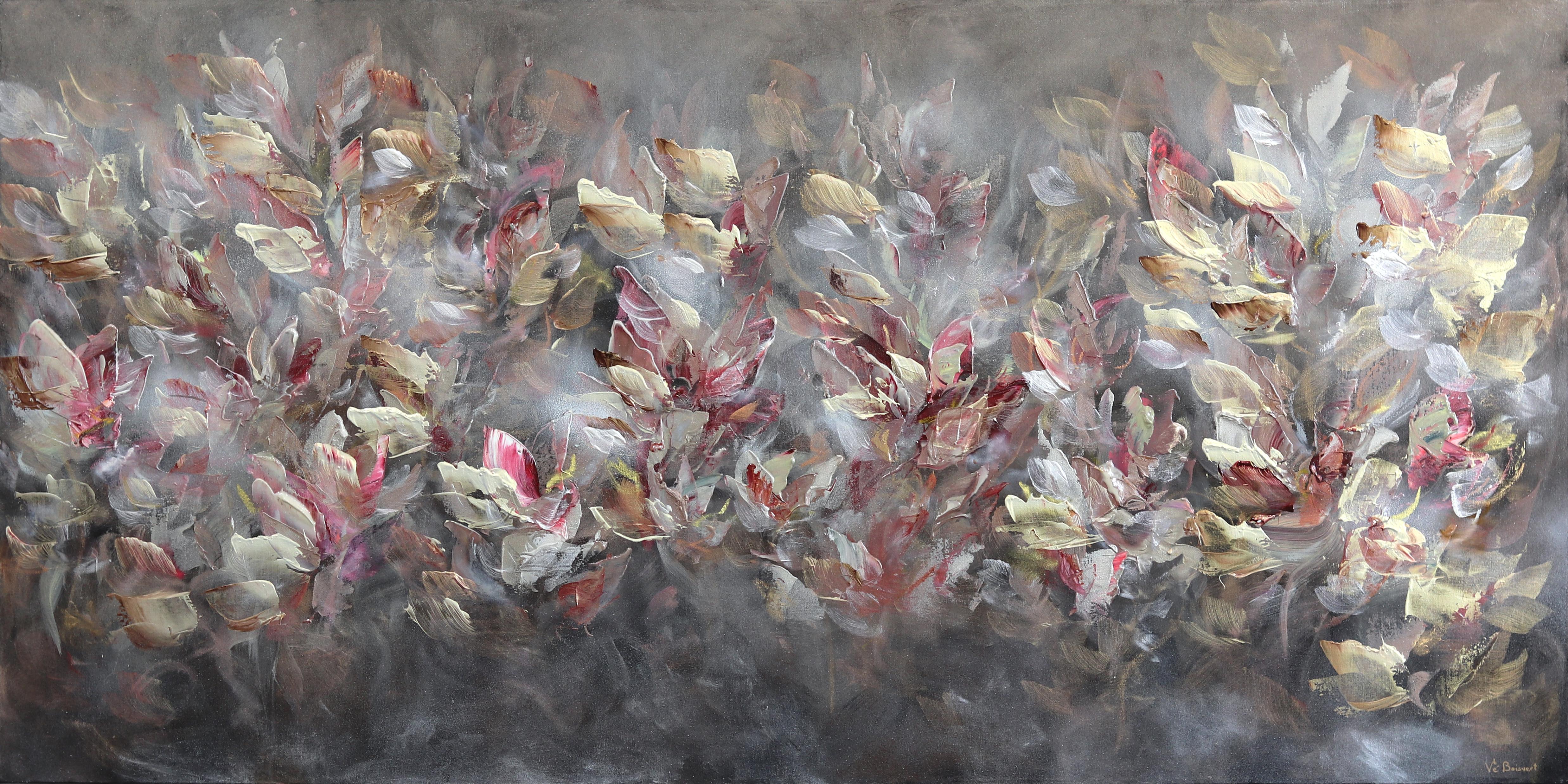 Vè Boisvert Abstract Painting – La Medecine du Coeur - Romantisches, weiches, strukturiertes, abstraktes, geblümtes Gemälde der Frau