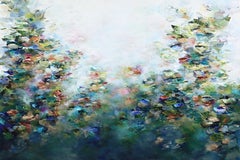 Les Nympheas - Large Cool Tone Abstract Textural Acrylic Painting on Canvas
