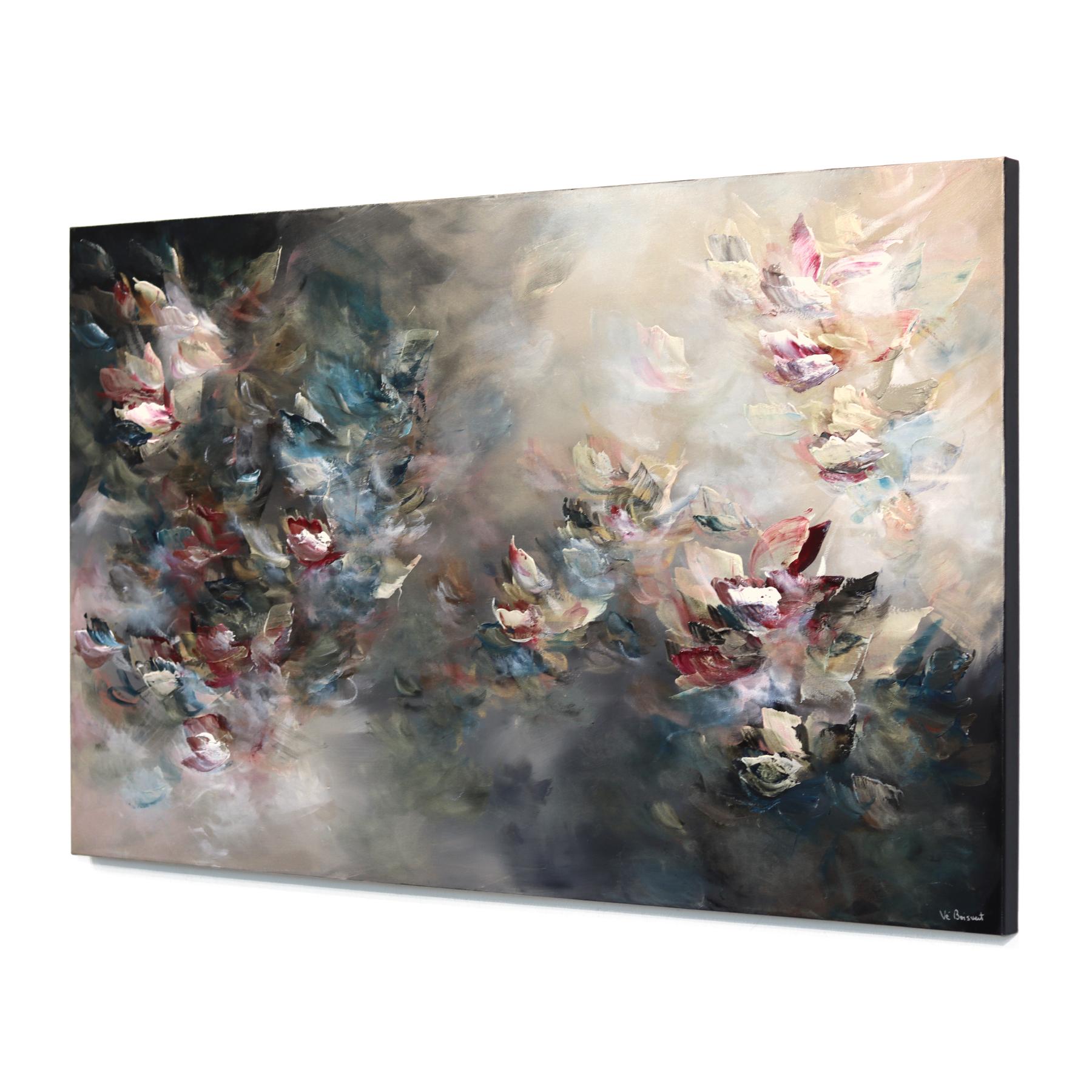 Portal de la Puerta del León -Gran pintura acrílica abstracta de textura luminosa y floral - Abstract Painting Gris de Vè Boisvert