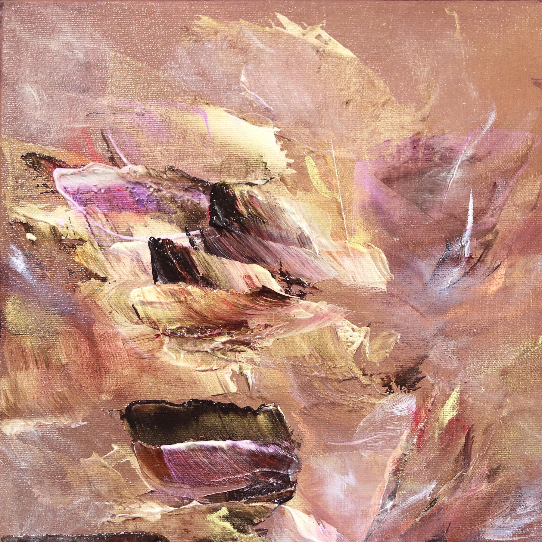 This expressive original artwork captures the quiet poetry of organic movement, reminiscent of petals swirling through dusk or leaves descending in golden hour light. With a palette grounded in soft golds, rich browns, and muted mauves, the painting