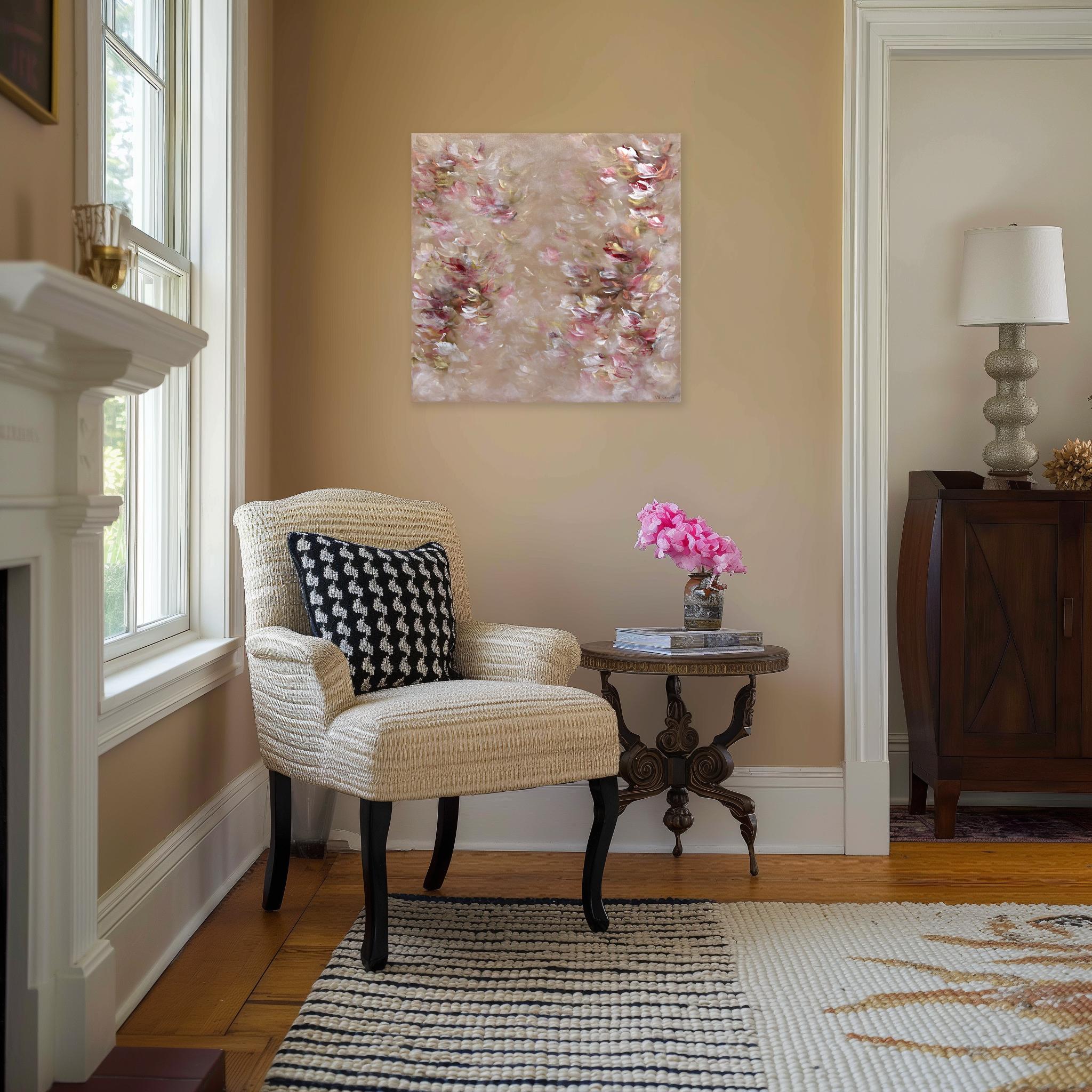 Love Season - Dreamy Romantic Abstract Textural Soft Blush Tone Floral Malerei (Abstrakt), Mixed Media Art, von Vè Boisvert